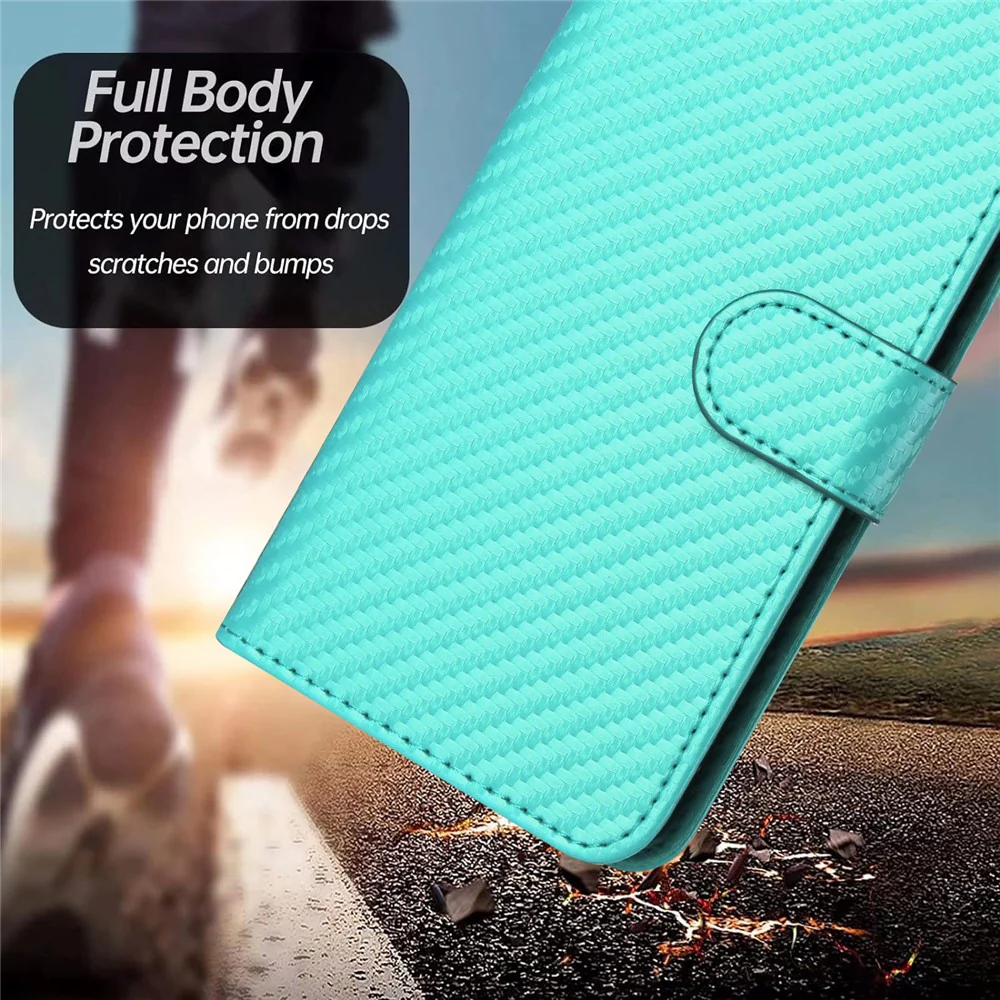 For iPhone 17 Pro Max Wallet Case with Strap Carbon Fiber Texture Leather Mobile Cover - Light Blue - Image 8