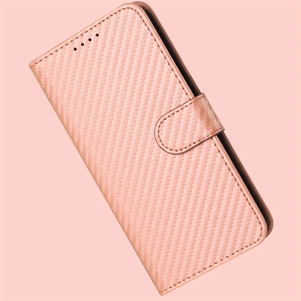 For iPhone 17 Pro Max Wallet Case with Strap Carbon Fiber Texture Leather Mobile Cover - Pink - Image 2