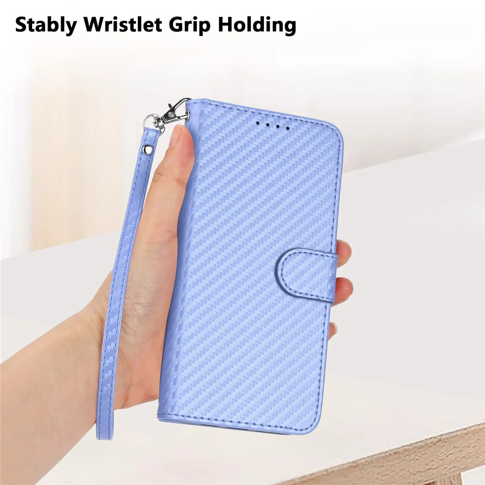 For iPhone 17 Pro Max Wallet Case with Strap Carbon Fiber Texture Leather Mobile Cover - Purple - Image 5