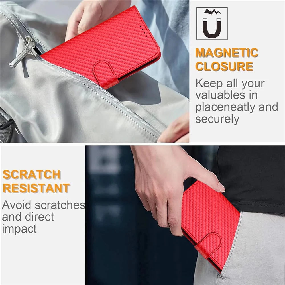 For iPhone 17 Pro Max Wallet Case with Strap Carbon Fiber Texture Leather Mobile Cover - Red - Image 7