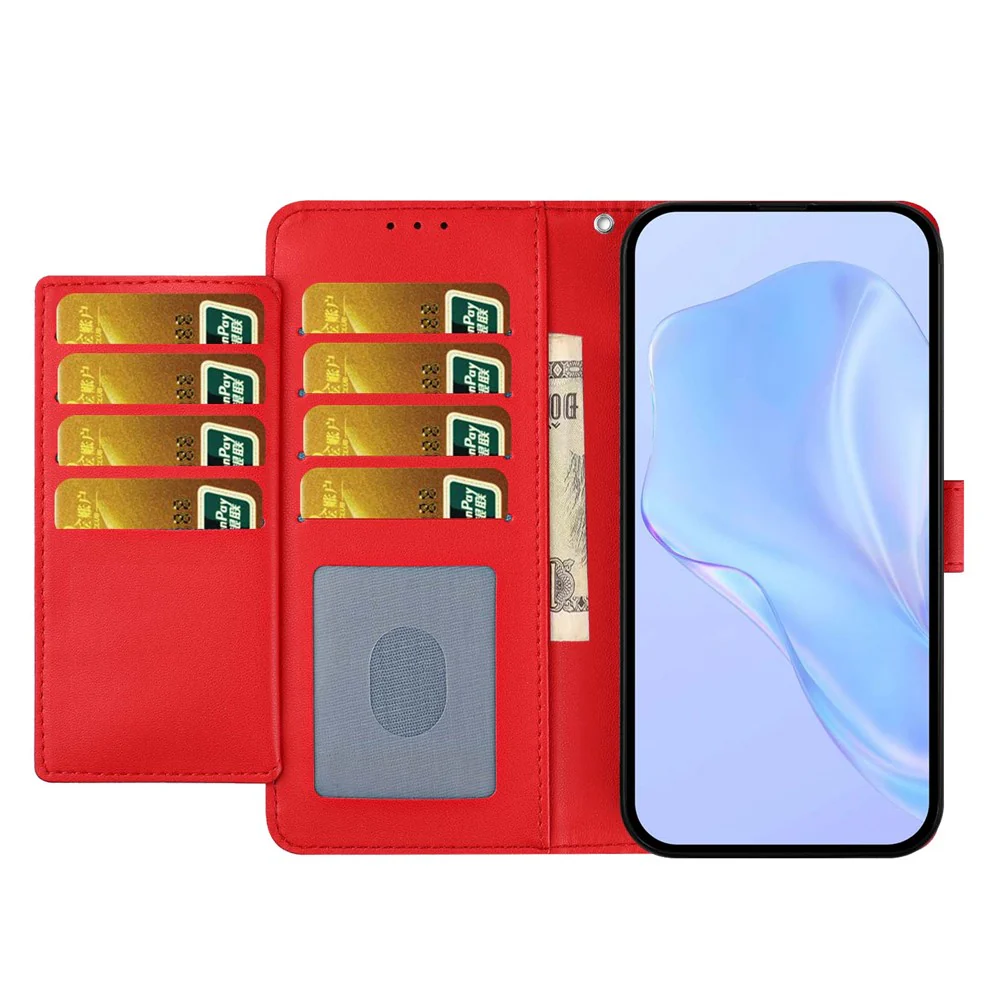 For iPhone 17 Pro Max Wallet Case with Strap / Multiple Card Slots Solid Color Leather Stand Phone Cover - Red - Image 3