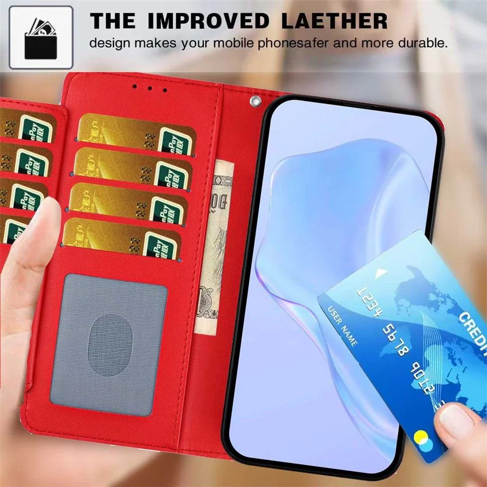 For iPhone 17 Pro Max Wallet Case with Strap / Multiple Card Slots Solid Color Leather Stand Phone Cover - Red - Image 4