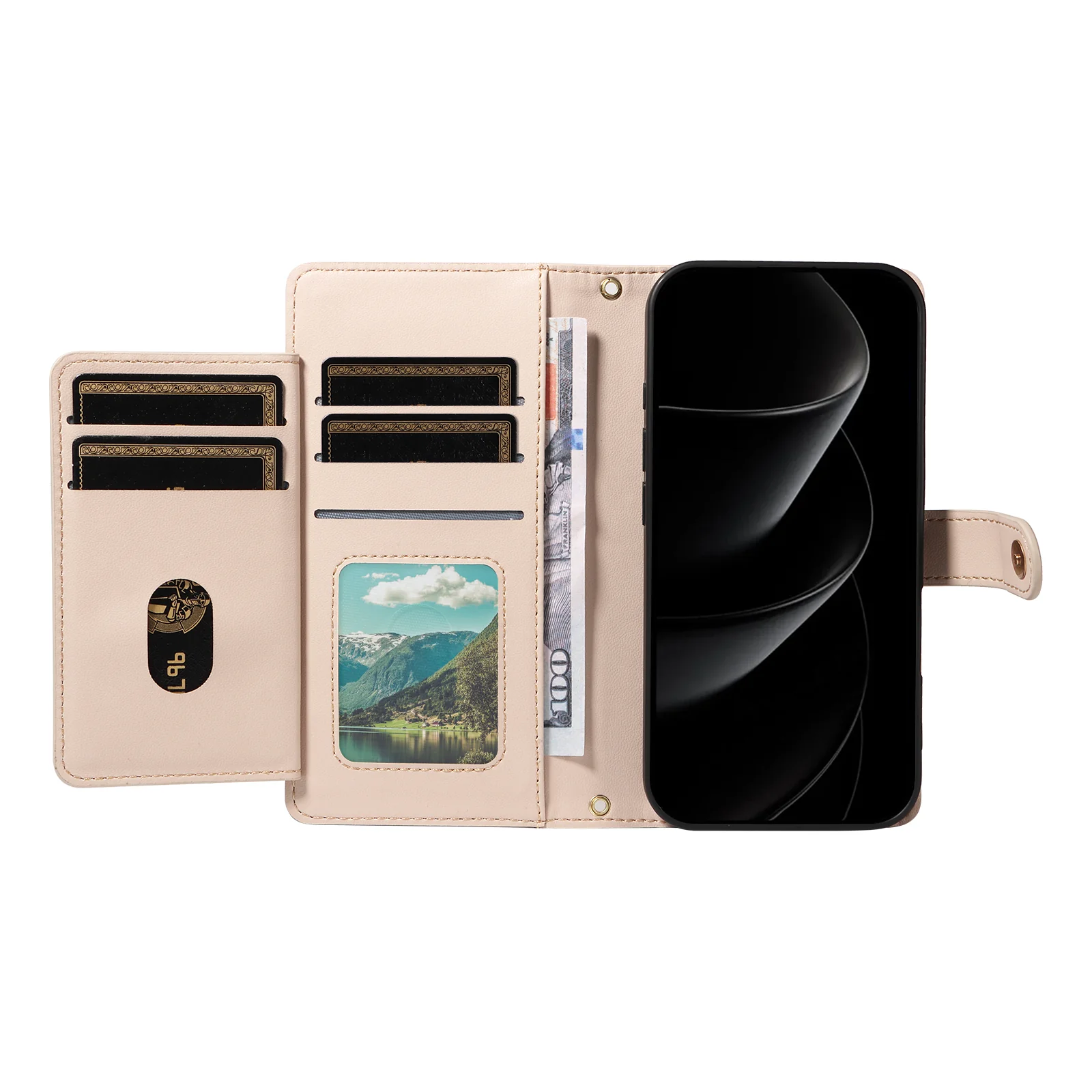 For iPhone 17 Pro Max Wallet Case with Straps, Rhombus Leather Stand Phone Cover - Beige - Image 2