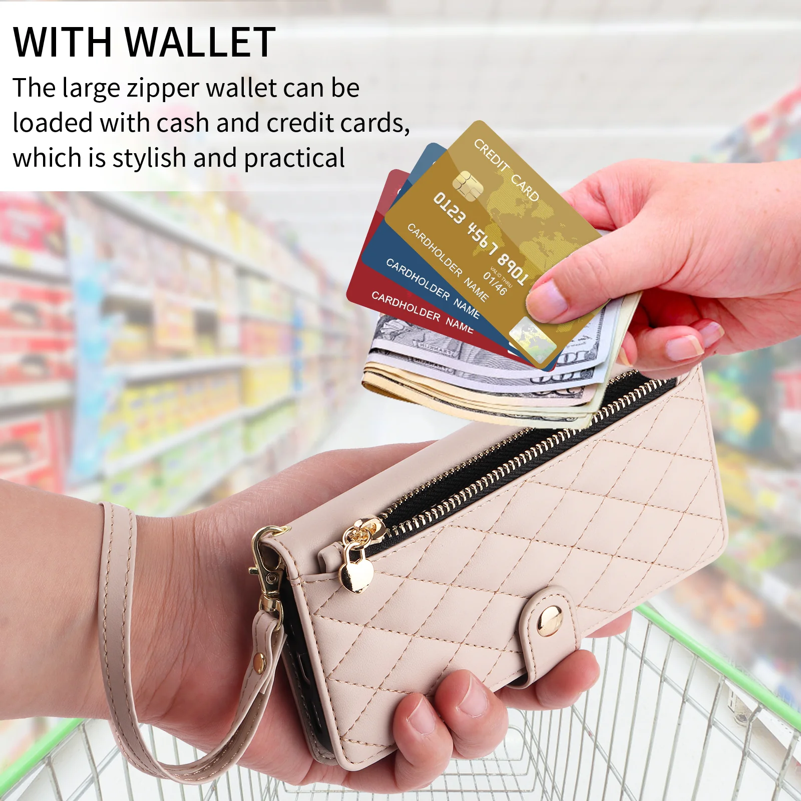 For iPhone 17 Pro Max Wallet Case with Straps, Rhombus Leather Stand Phone Cover - Beige - Image 5