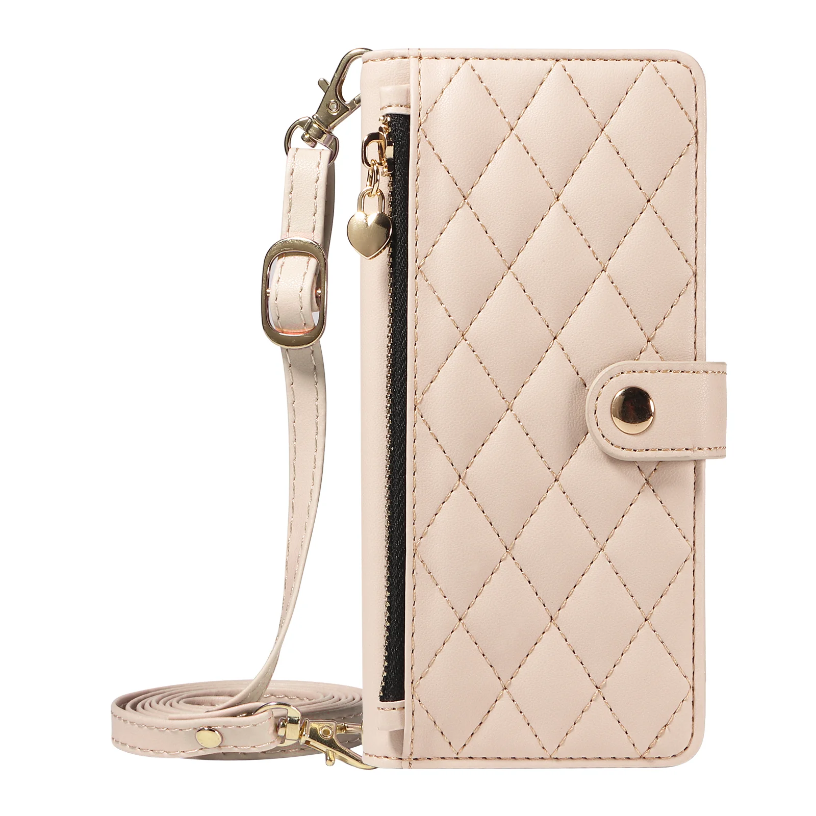 For iPhone 17 Pro Max Wallet Case with Straps, Rhombus Leather Stand Phone Cover - Beige - Image 7