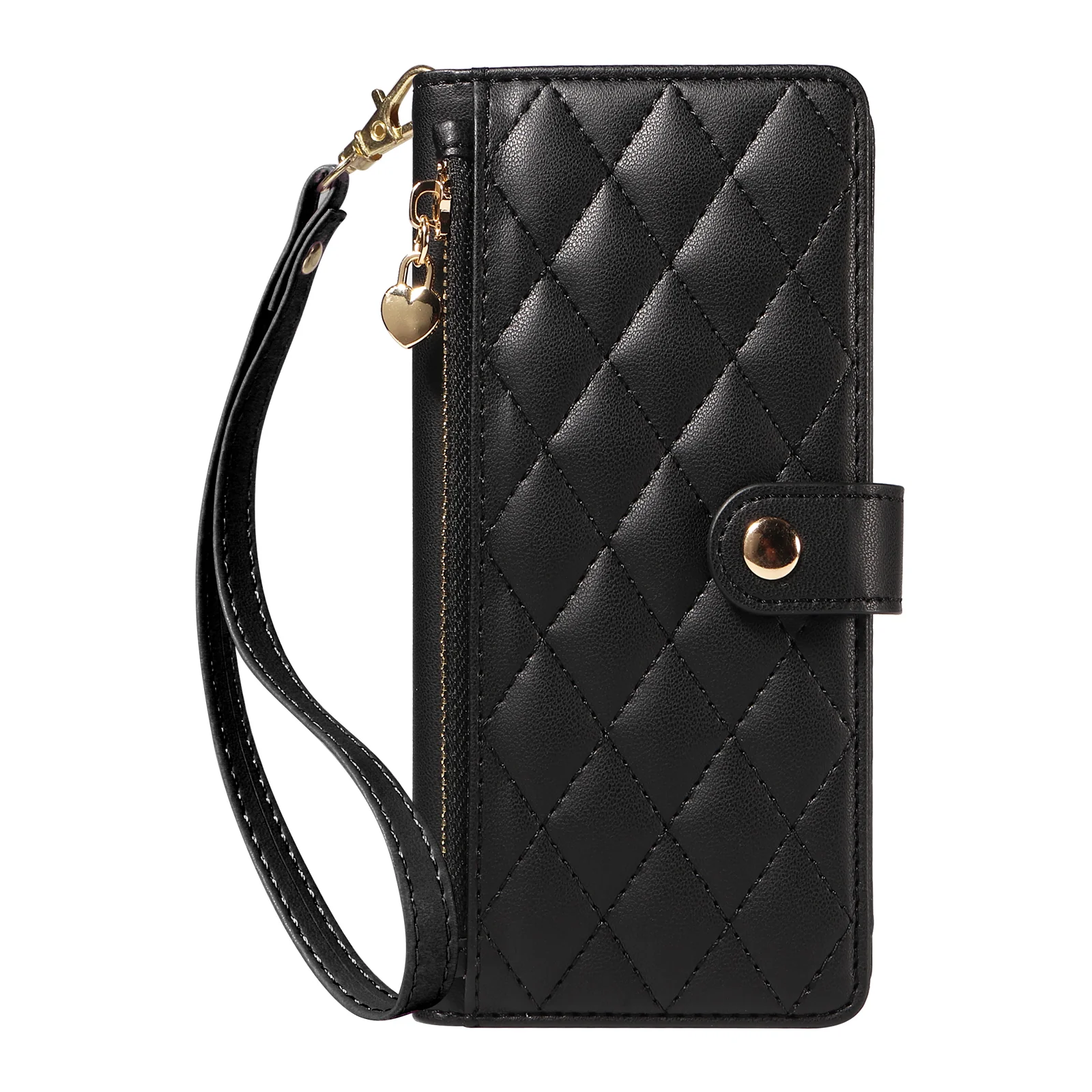 For iPhone 17 Pro Max Wallet Case with Straps, Rhombus Leather Stand Phone Cover - Black - Image 8