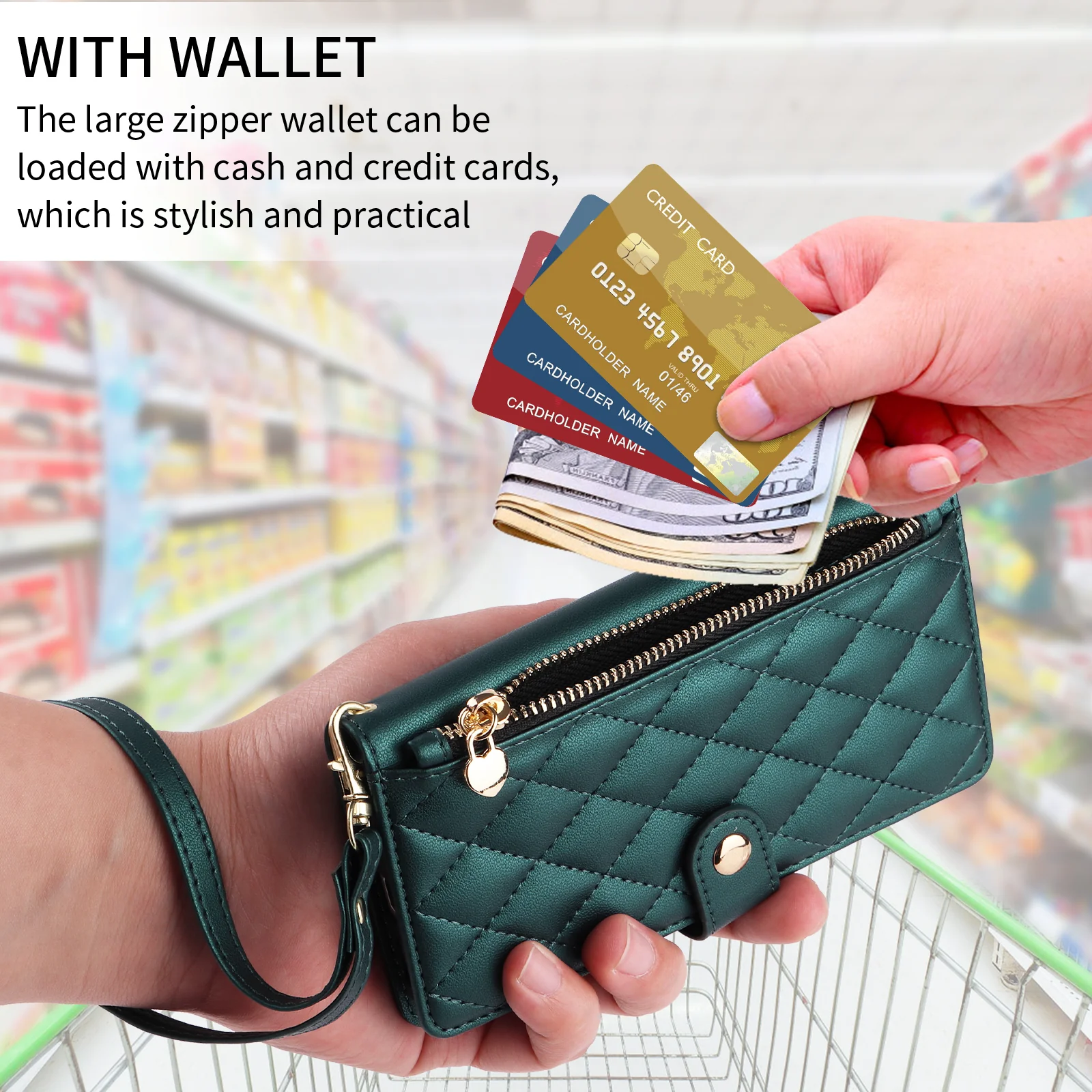 For iPhone 17 Pro Max Wallet Case with Straps, Rhombus Leather Stand Phone Cover - Blackish Green - Image 3