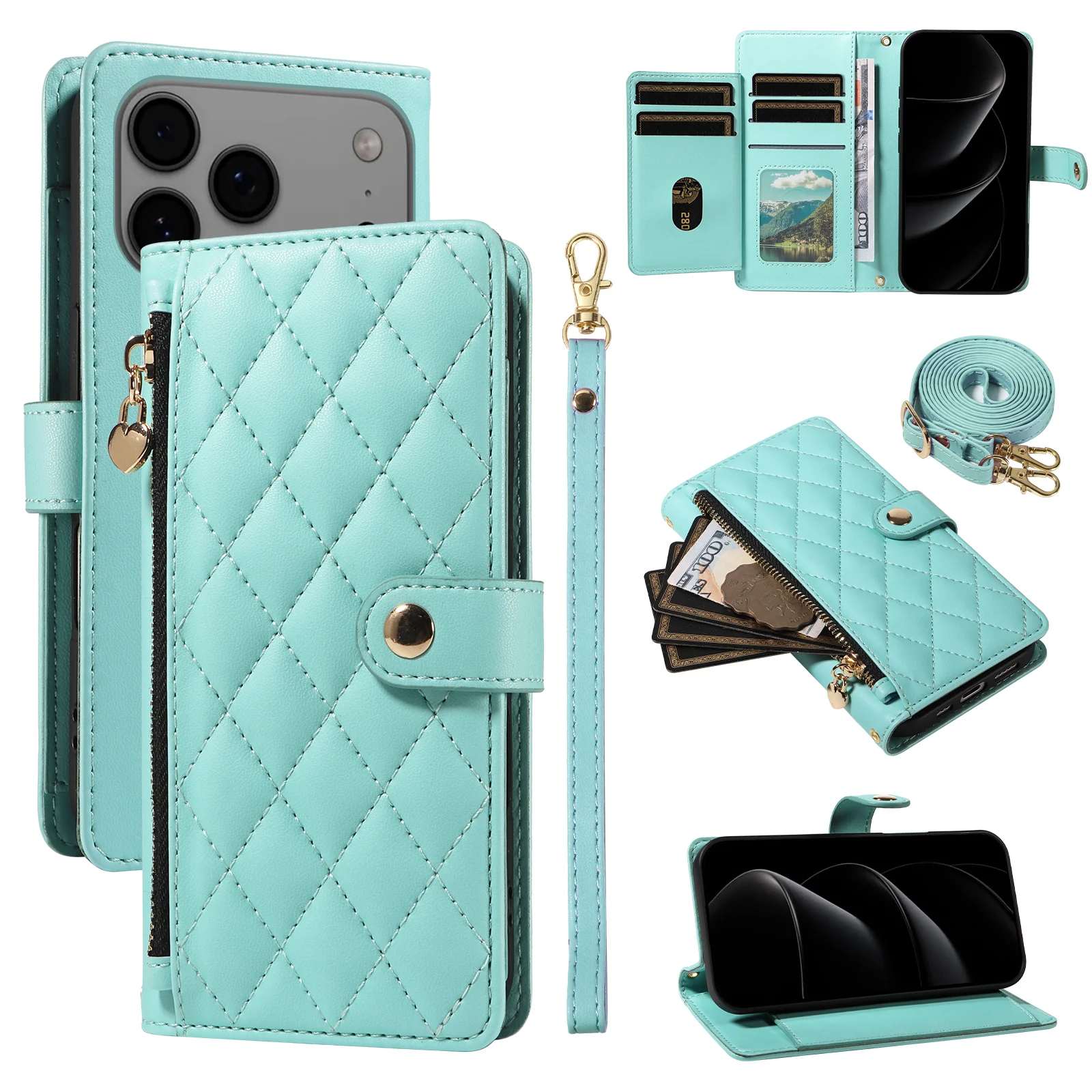 For iPhone 17 Pro Max Wallet Case with Straps, Rhombus Leather Stand Phone Cover - Light Green