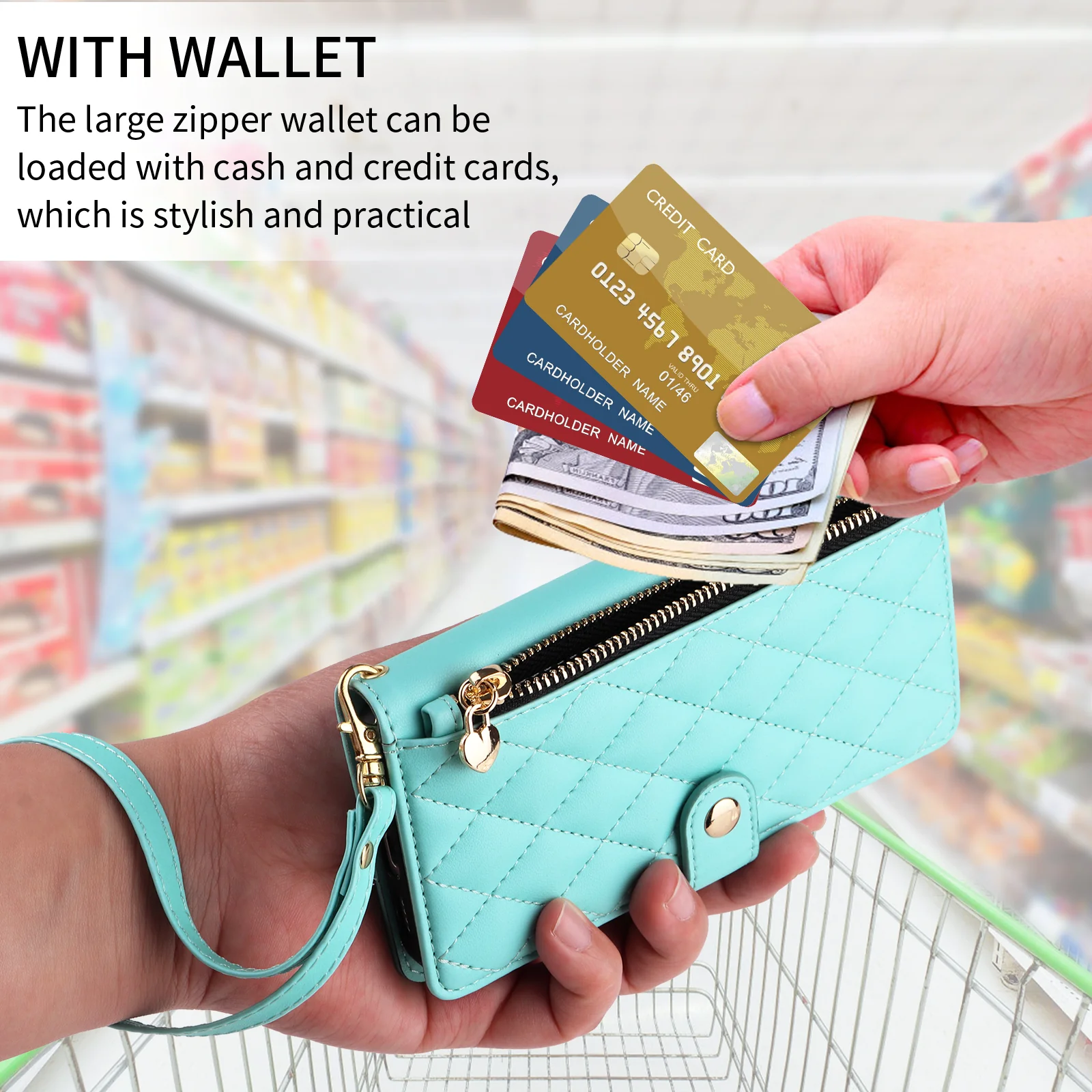 For iPhone 17 Pro Max Wallet Case with Straps, Rhombus Leather Stand Phone Cover - Light Green - Image 3