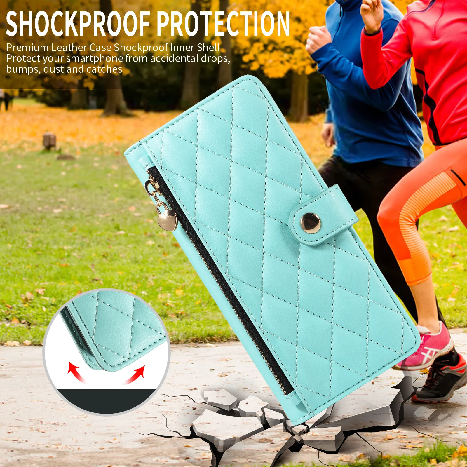 For iPhone 17 Pro Max Wallet Case with Straps, Rhombus Leather Stand Phone Cover - Light Green - Image 5