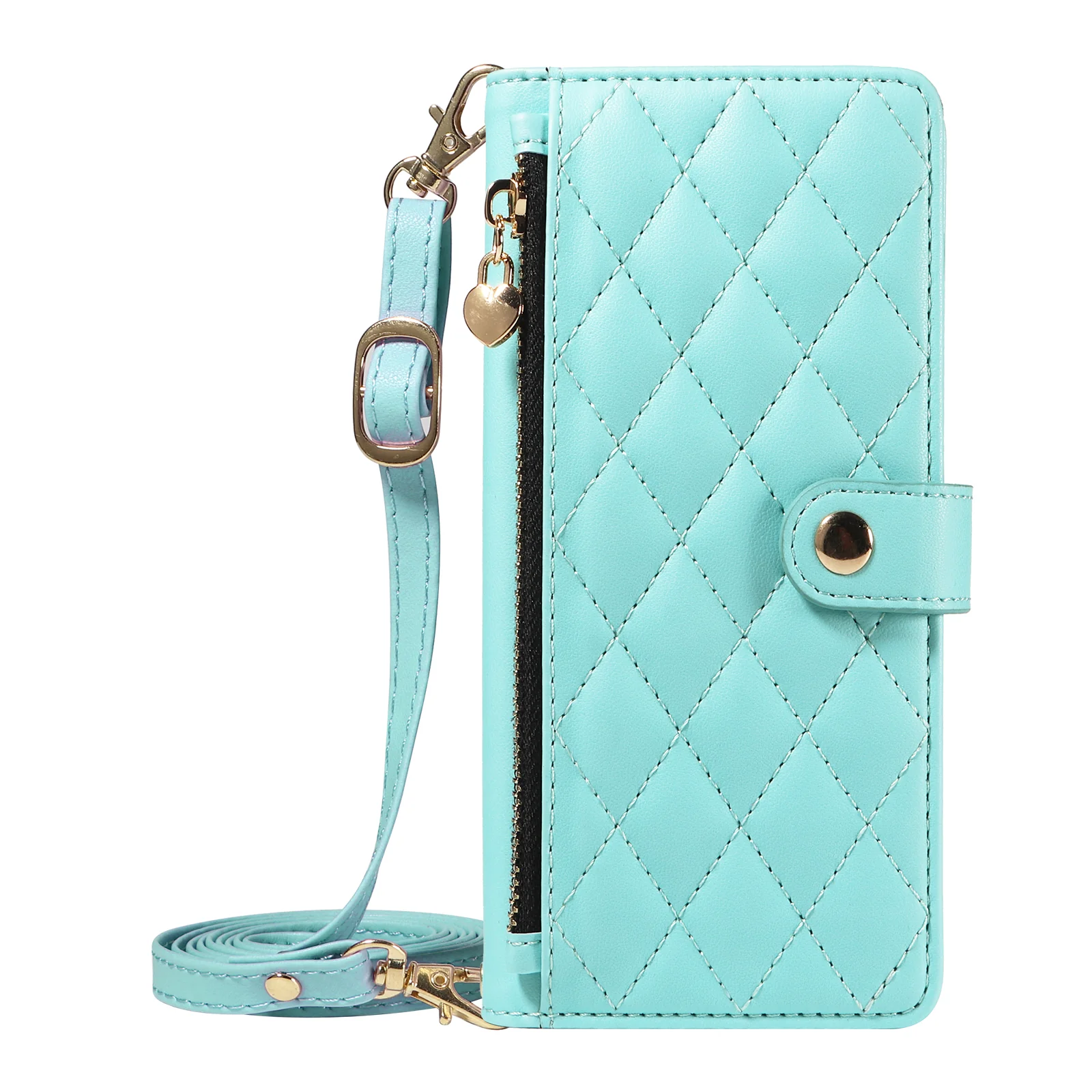 For iPhone 17 Pro Max Wallet Case with Straps, Rhombus Leather Stand Phone Cover - Light Green - Image 7