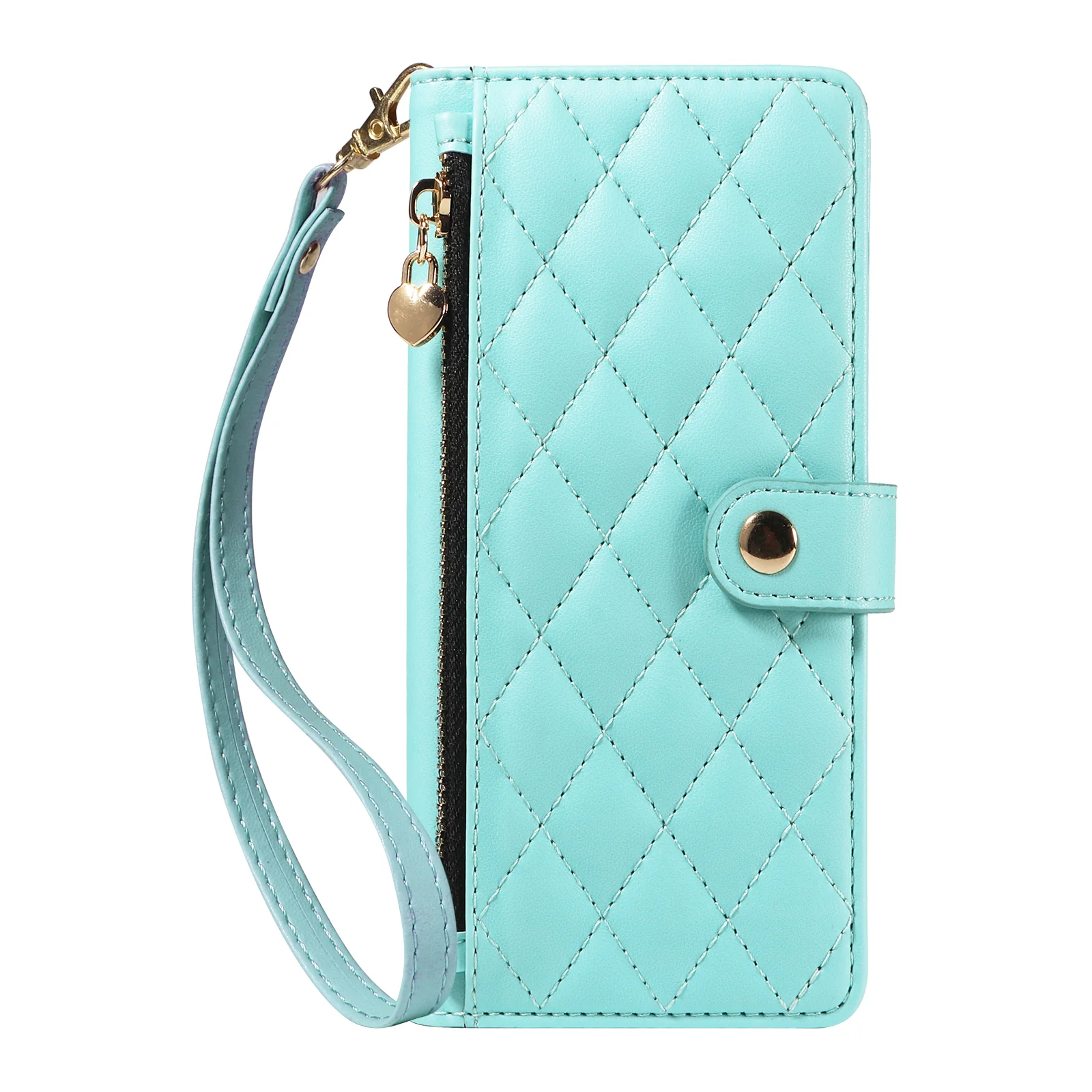 For iPhone 17 Pro Max Wallet Case with Straps, Rhombus Leather Stand Phone Cover - Light Green - Image 8