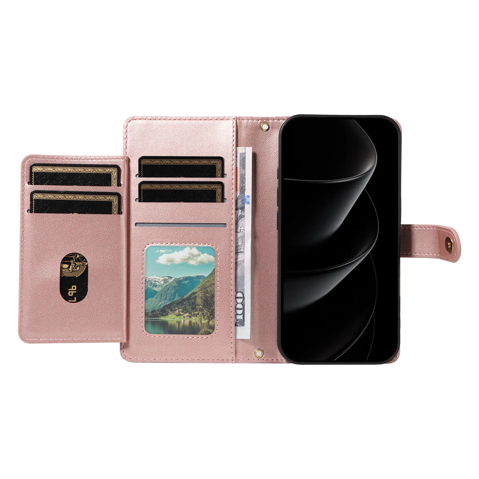 For iPhone 17 Pro Max Wallet Case with Straps, Rhombus Leather Stand Phone Cover - Rose Gold - Image 2