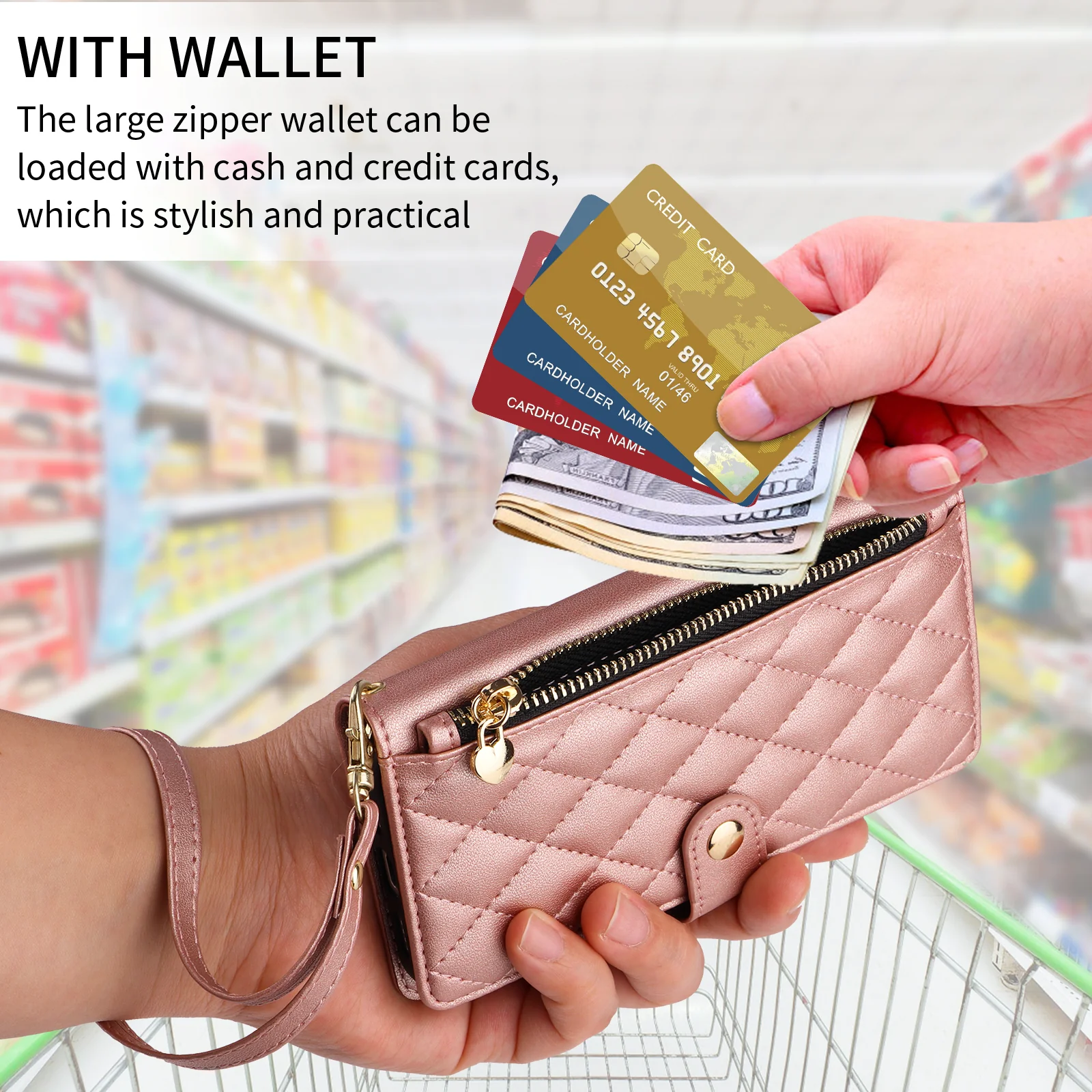 For iPhone 17 Pro Max Wallet Case with Straps, Rhombus Leather Stand Phone Cover - Rose Gold - Image 5