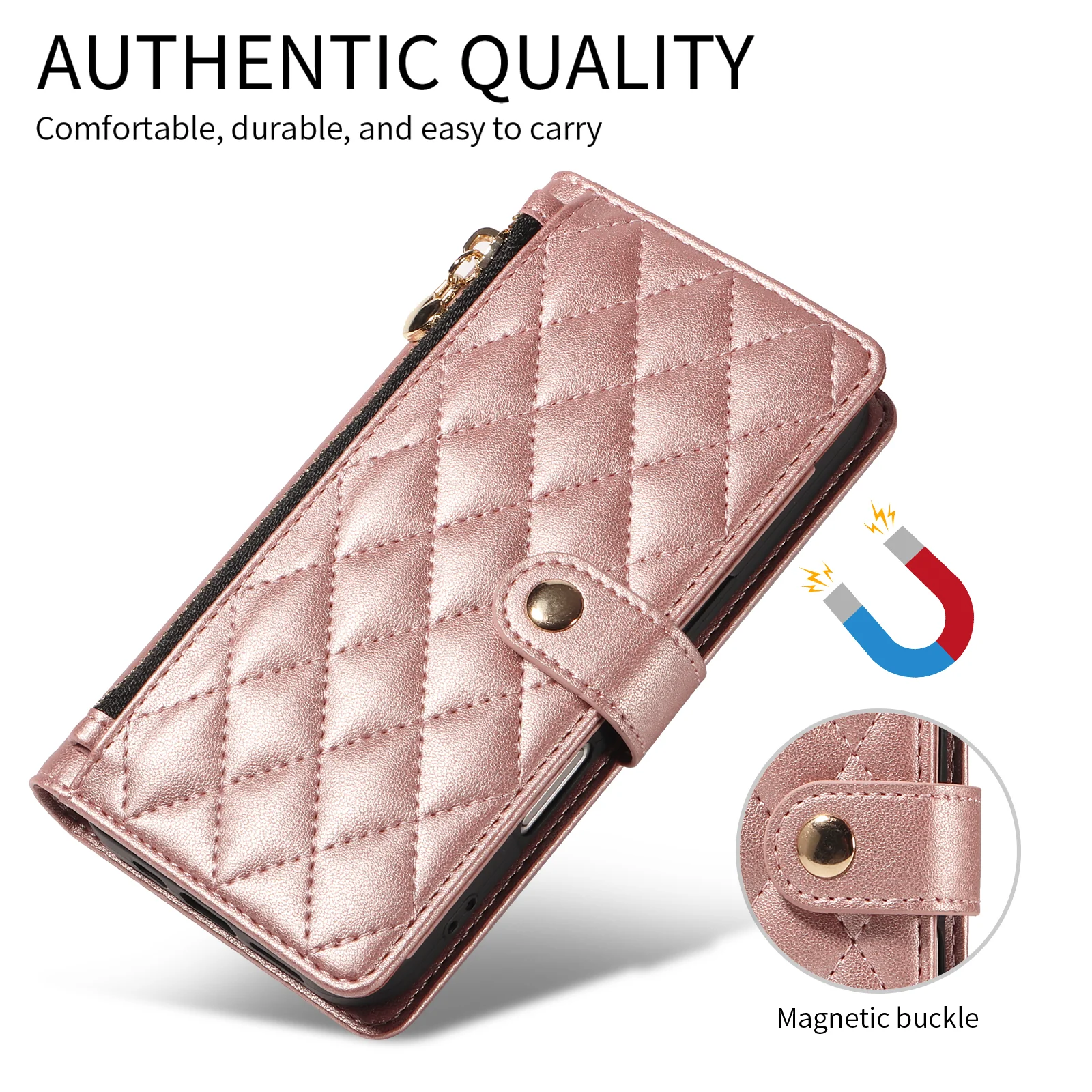 For iPhone 17 Pro Max Wallet Case with Straps, Rhombus Leather Stand Phone Cover - Rose Gold - Image 6