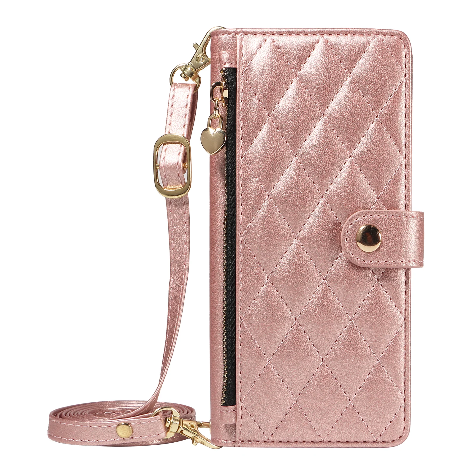 For iPhone 17 Pro Max Wallet Case with Straps, Rhombus Leather Stand Phone Cover - Rose Gold - Image 7