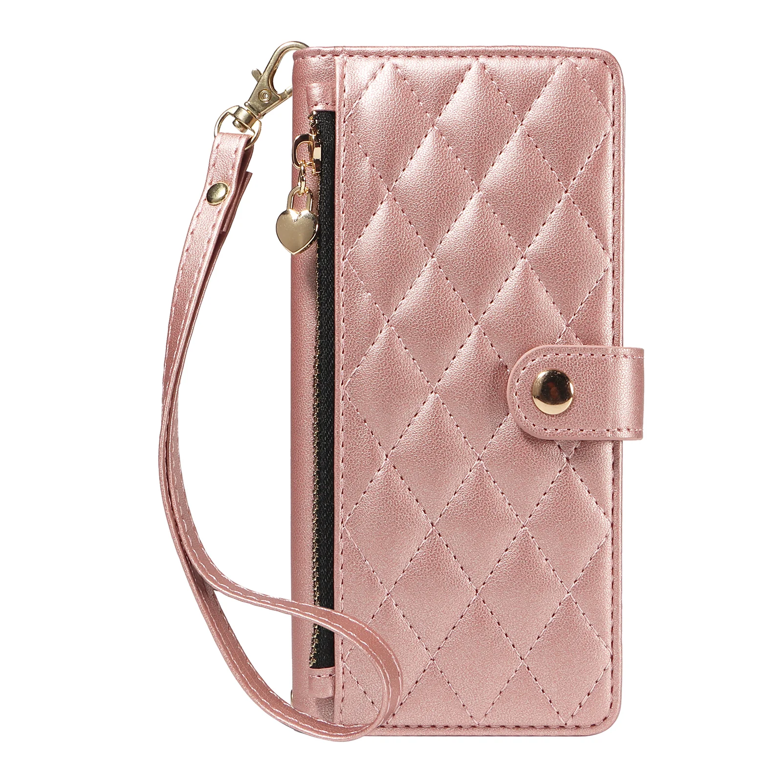 For iPhone 17 Pro Max Wallet Case with Straps, Rhombus Leather Stand Phone Cover - Rose Gold - Image 8