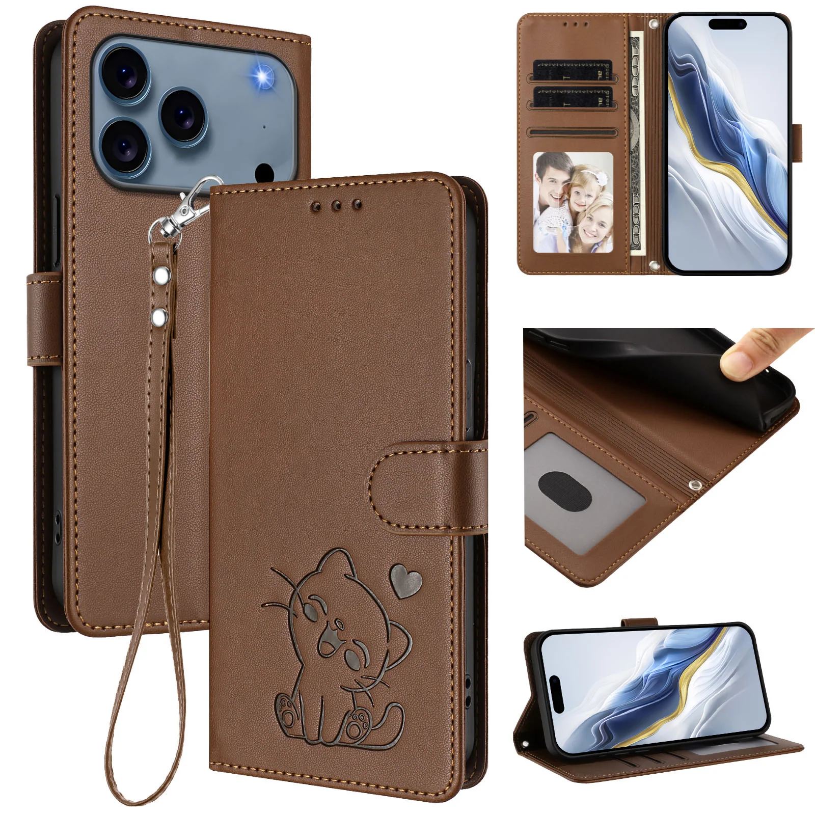 For iPhone 17 Pro Max Wallet Case with Wrist Strap Love Cat Pattern Imprint Leather Phone Cover - Brown - Image 2