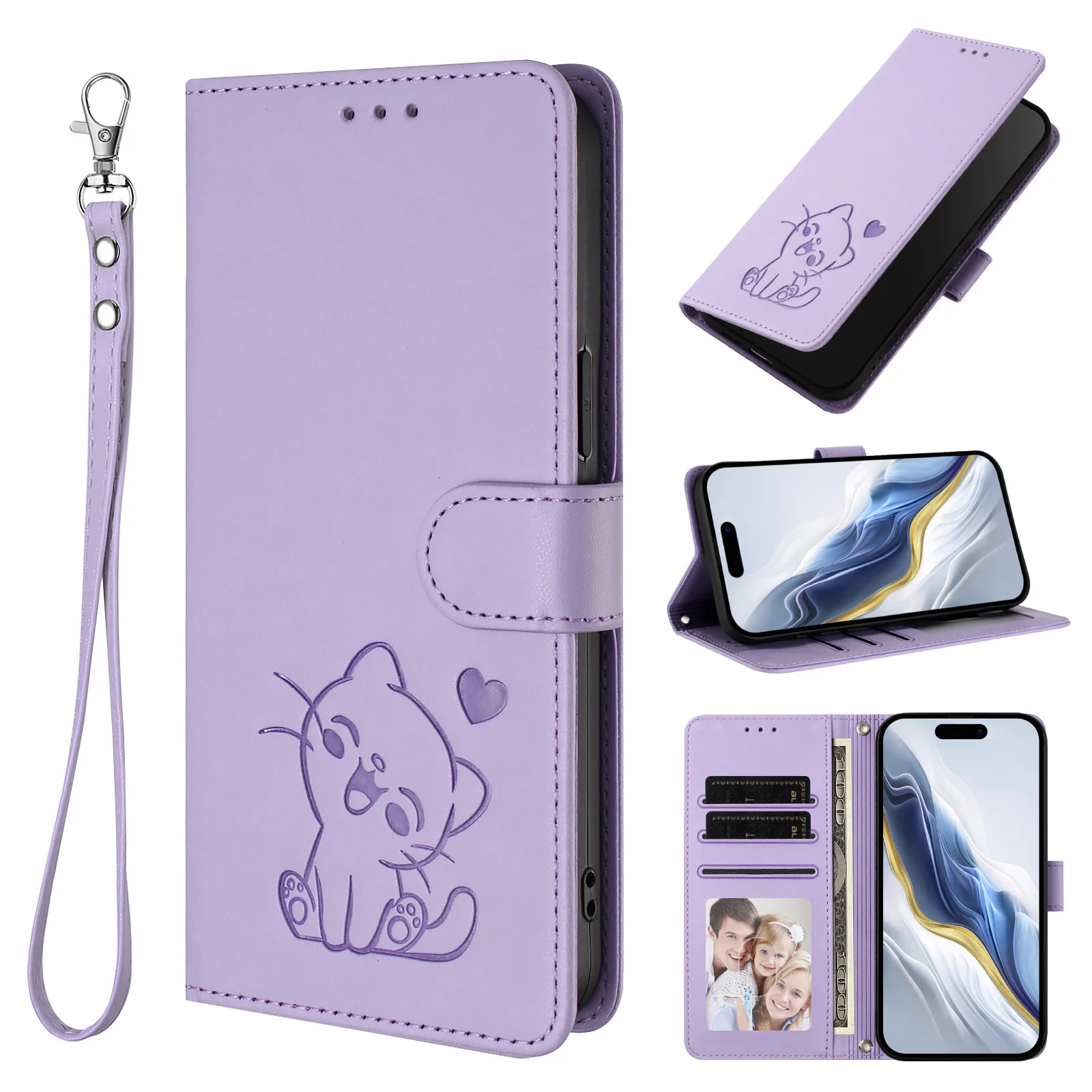 For iPhone 17 Pro Max Wallet Case with Wrist Strap Love Cat Pattern Imprint Leather Phone Cover - Light Purple - Image 4