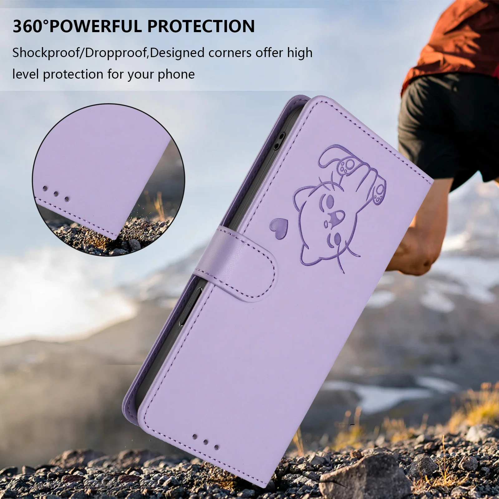For iPhone 17 Pro Max Wallet Case with Wrist Strap Love Cat Pattern Imprint Leather Phone Cover - Light Purple - Image 7