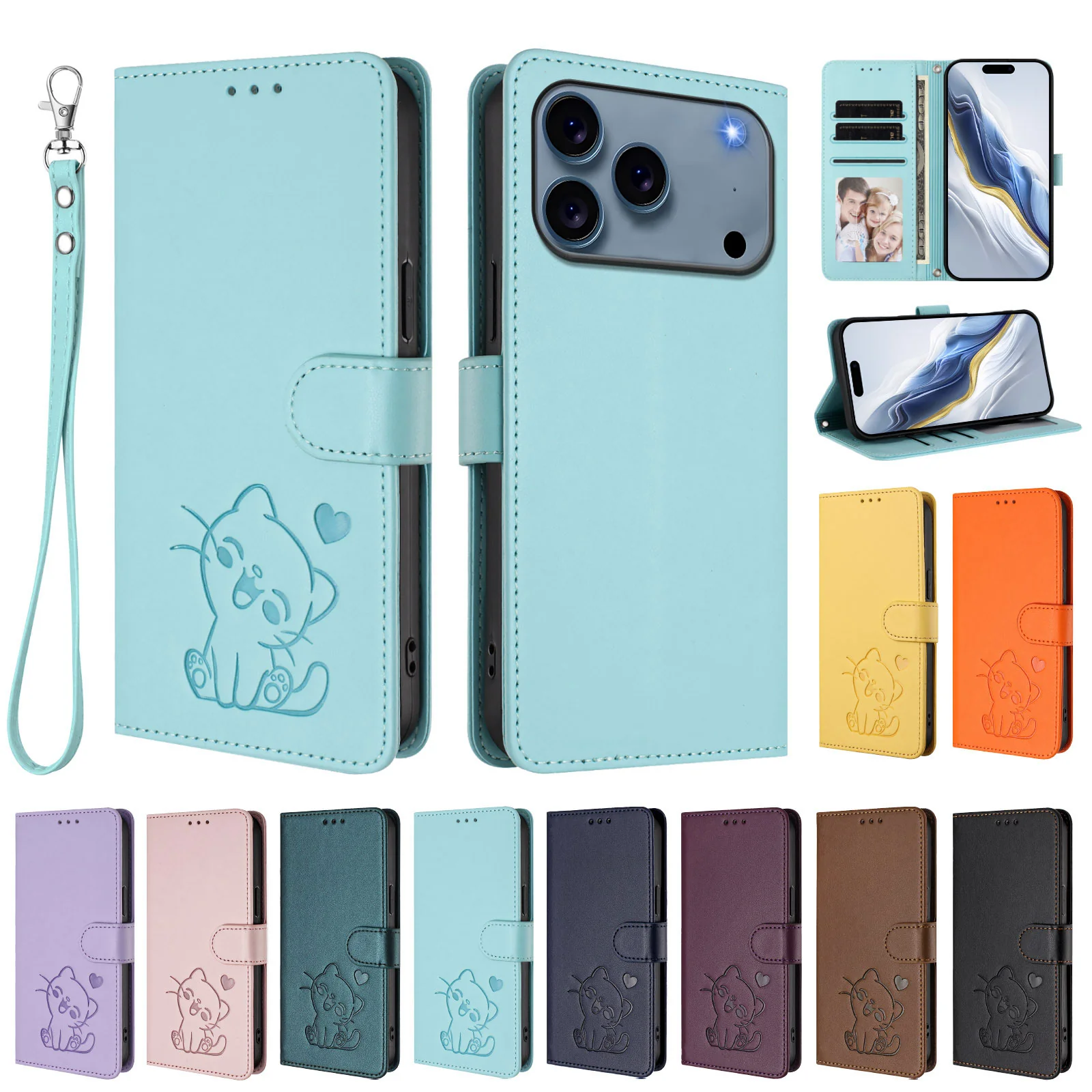 For iPhone 17 Pro Max Wallet Case with Wrist Strap Love Cat Pattern Imprint Leather Phone Cover - Mint Green - Image 3