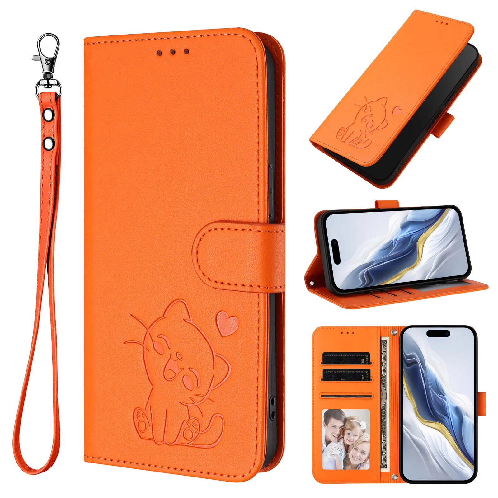 For iPhone 17 Pro Max Wallet Case with Wrist Strap Love Cat Pattern Imprint Leather Phone Cover - Orange - Image 4