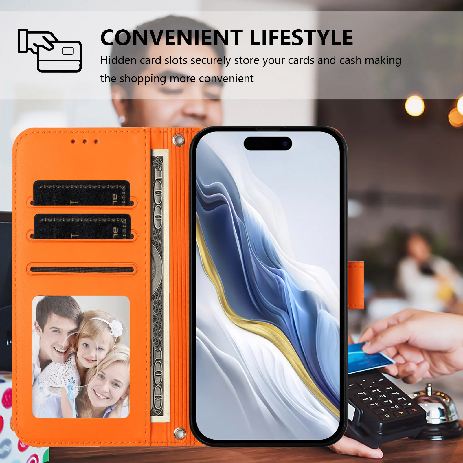 For iPhone 17 Pro Max Wallet Case with Wrist Strap Love Cat Pattern Imprint Leather Phone Cover - Orange - Image 8