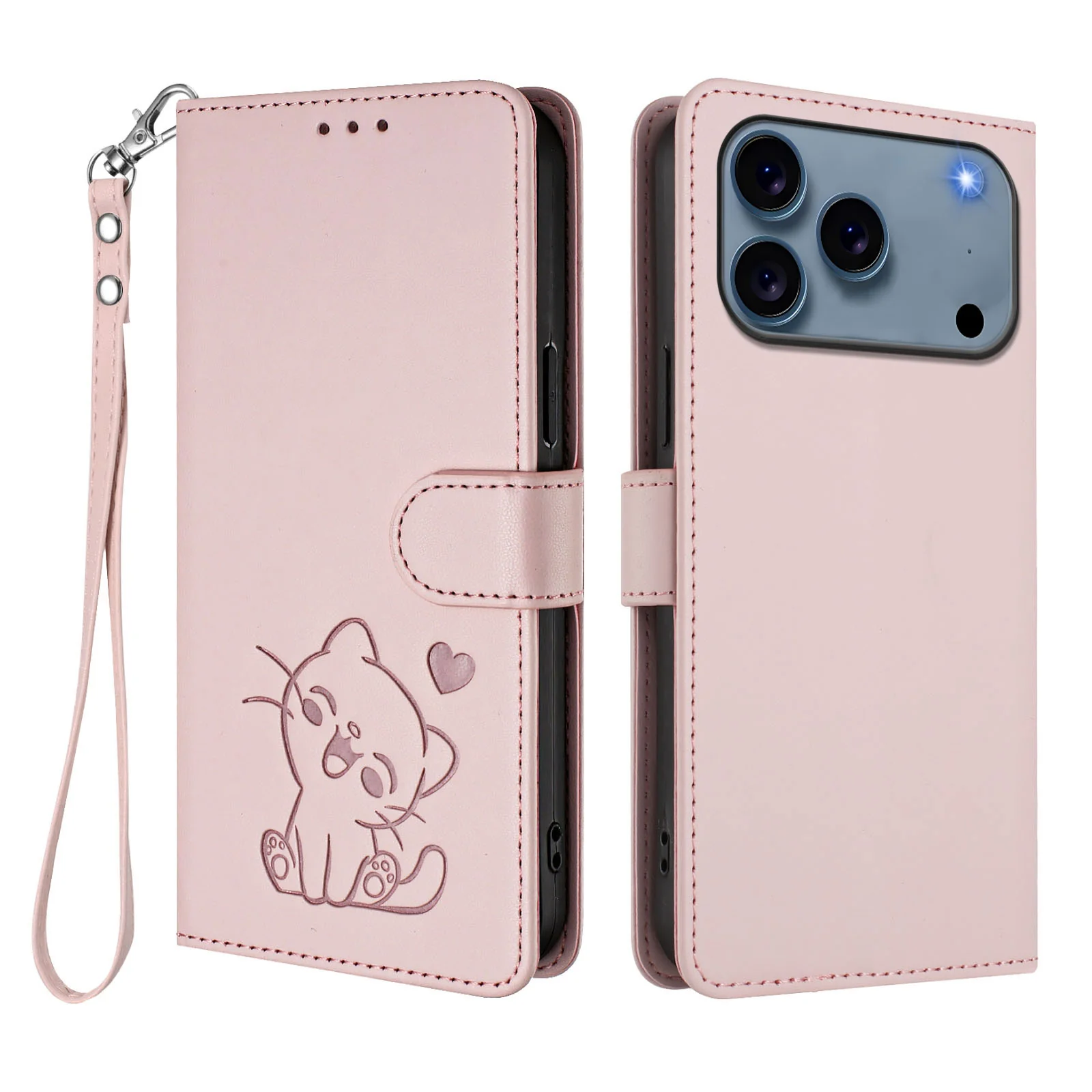 For iPhone 17 Pro Max Wallet Case with Wrist Strap Love Cat Pattern Imprint Leather Phone Cover - Pink