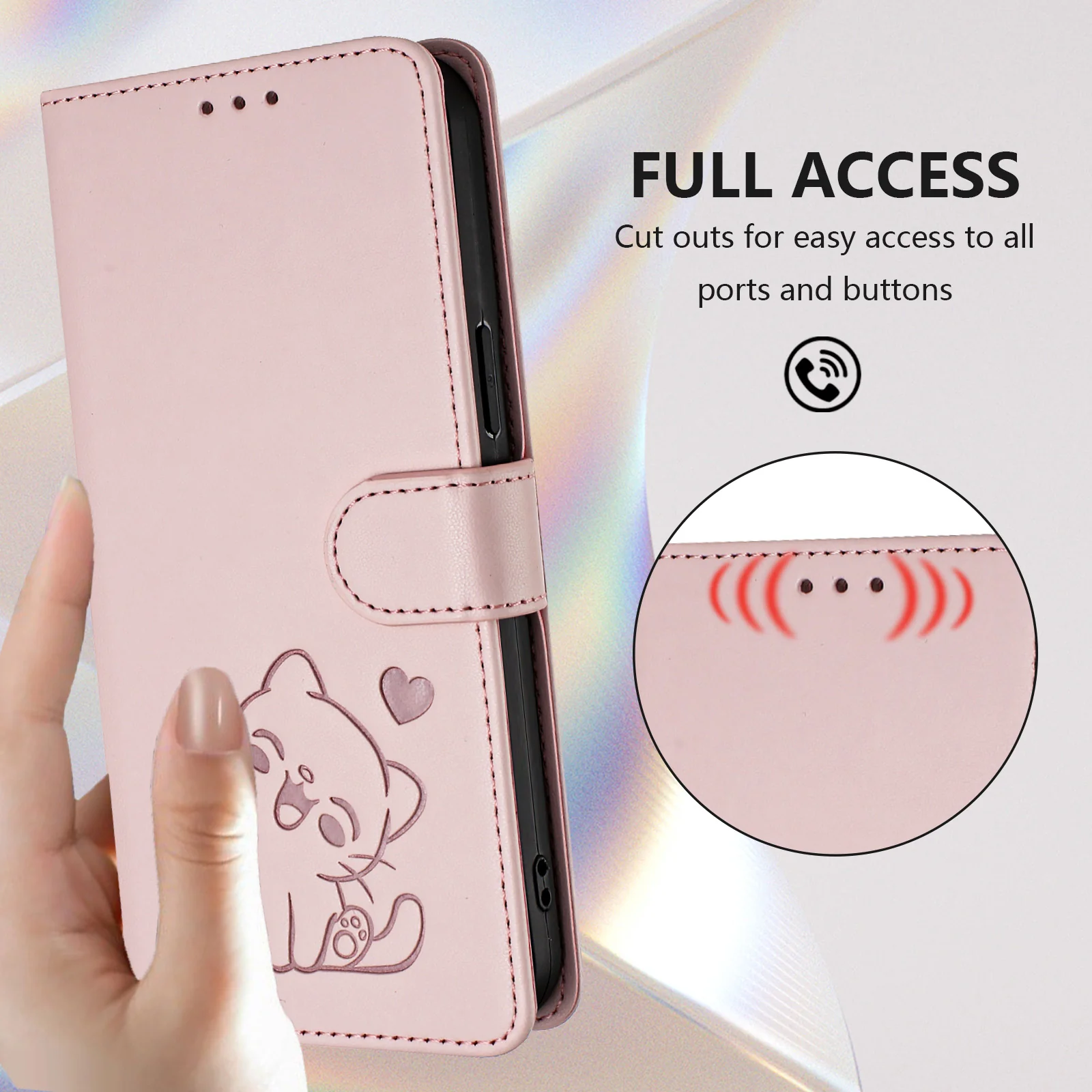 For iPhone 17 Pro Max Wallet Case with Wrist Strap Love Cat Pattern Imprint Leather Phone Cover - Pink - Image 6