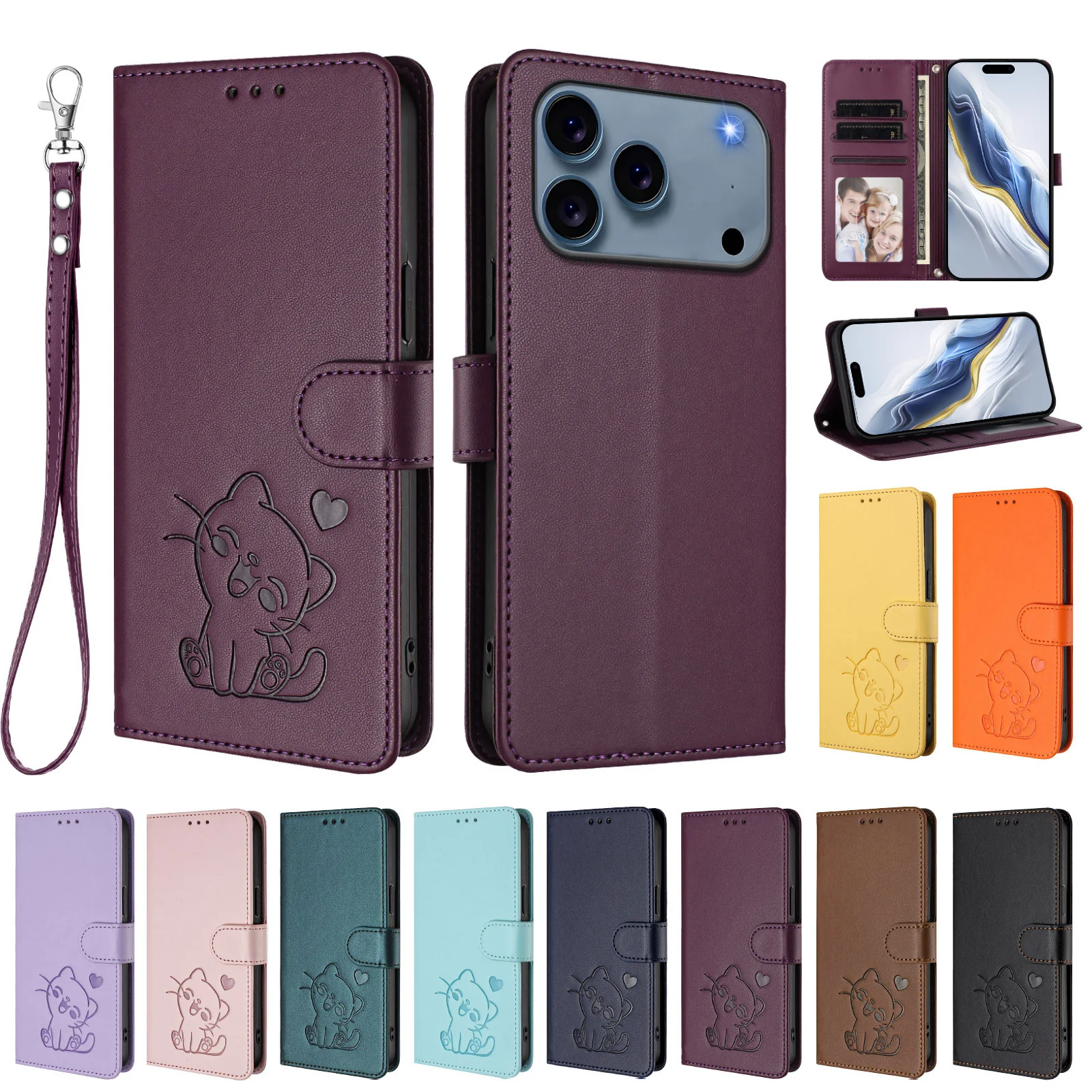 For iPhone 17 Pro Max Wallet Case with Wrist Strap Love Cat Pattern Imprint Leather Phone Cover - Purple - Image 3