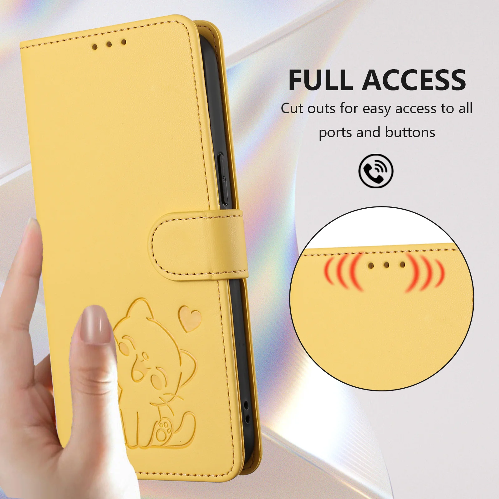 For iPhone 17 Pro Max Wallet Case with Wrist Strap Love Cat Pattern Imprint Leather Phone Cover - Yellow - Image 6