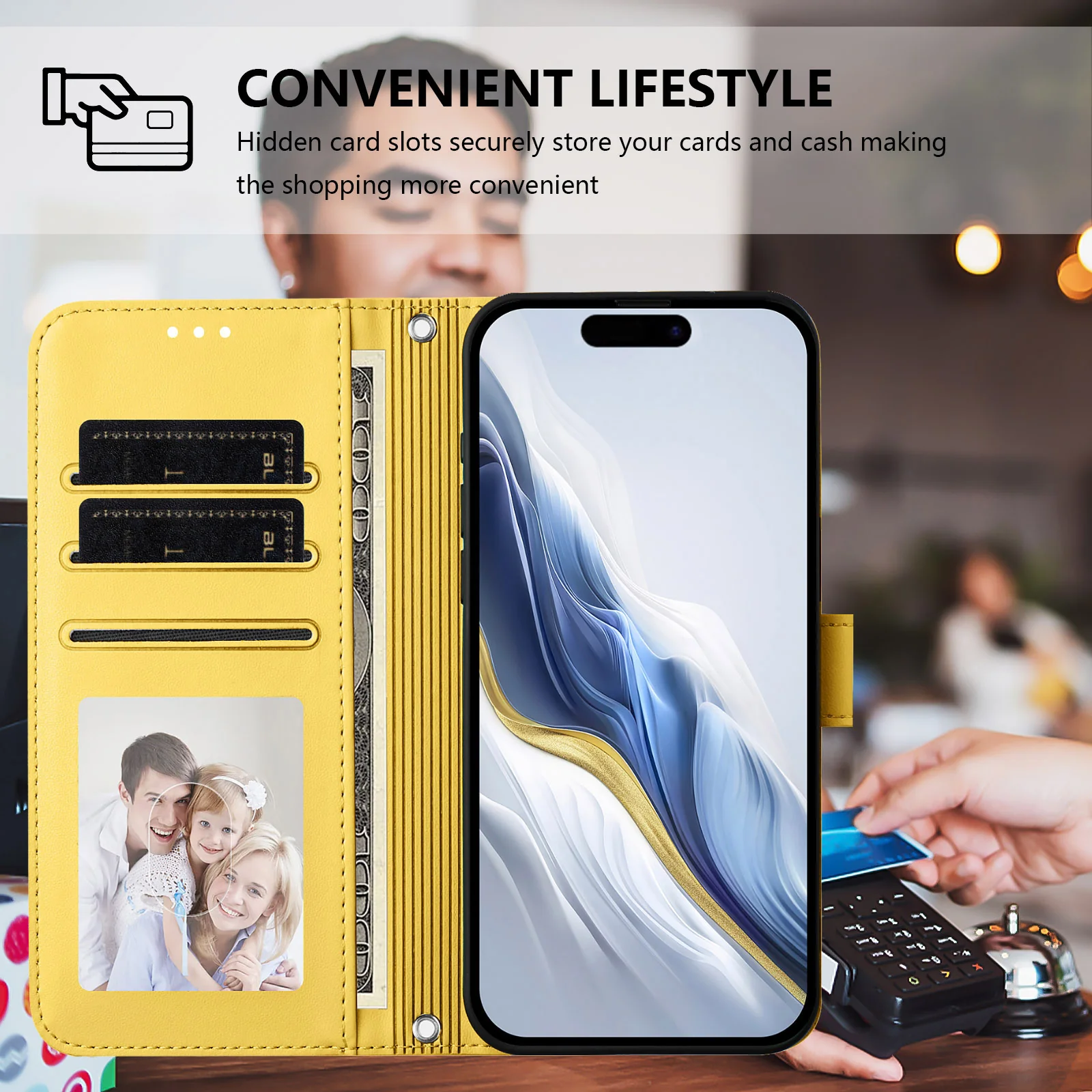 For iPhone 17 Pro Max Wallet Case with Wrist Strap Love Cat Pattern Imprint Leather Phone Cover - Yellow - Image 8
