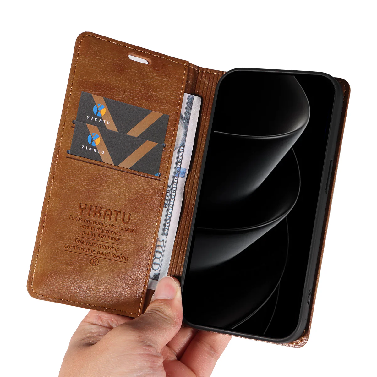 For iPhone 17 Pro Max Wallet Case YIKATU YK-006 Magnetic Closure Leather Phone Cover Litchi Texture - Brown - Image 8