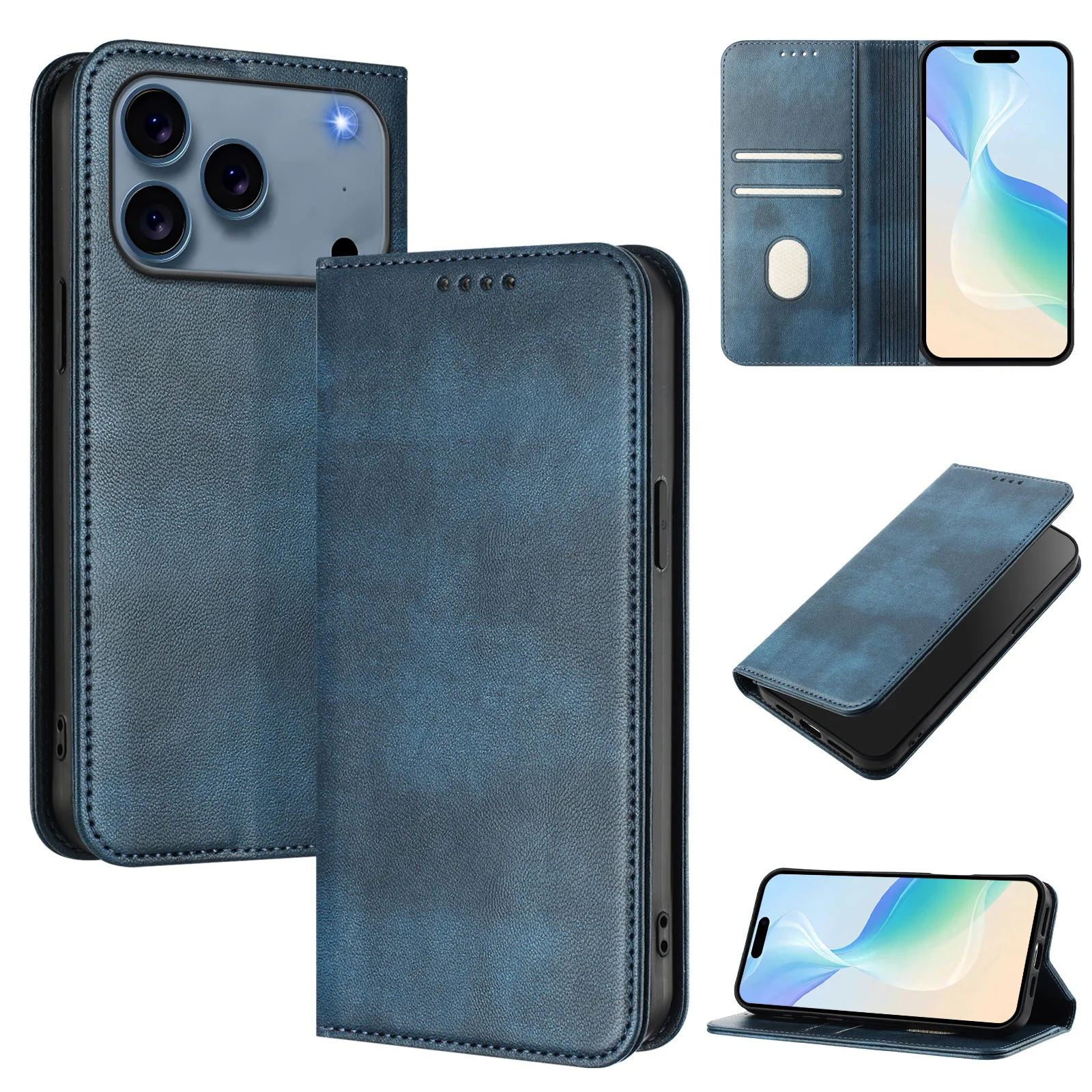 For iPhone 17 Pro Max Wallet Cases Retro Texture RFID Blocking Leather Phone Cover - Blue - Image 2