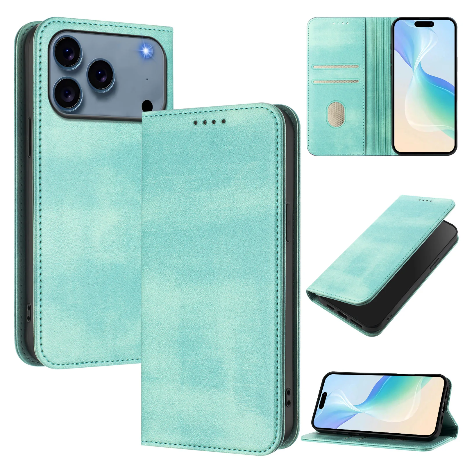 For iPhone 17 Pro Max Wallet Cases Retro Texture RFID Blocking Leather Phone Cover - Mint Green - Image 2