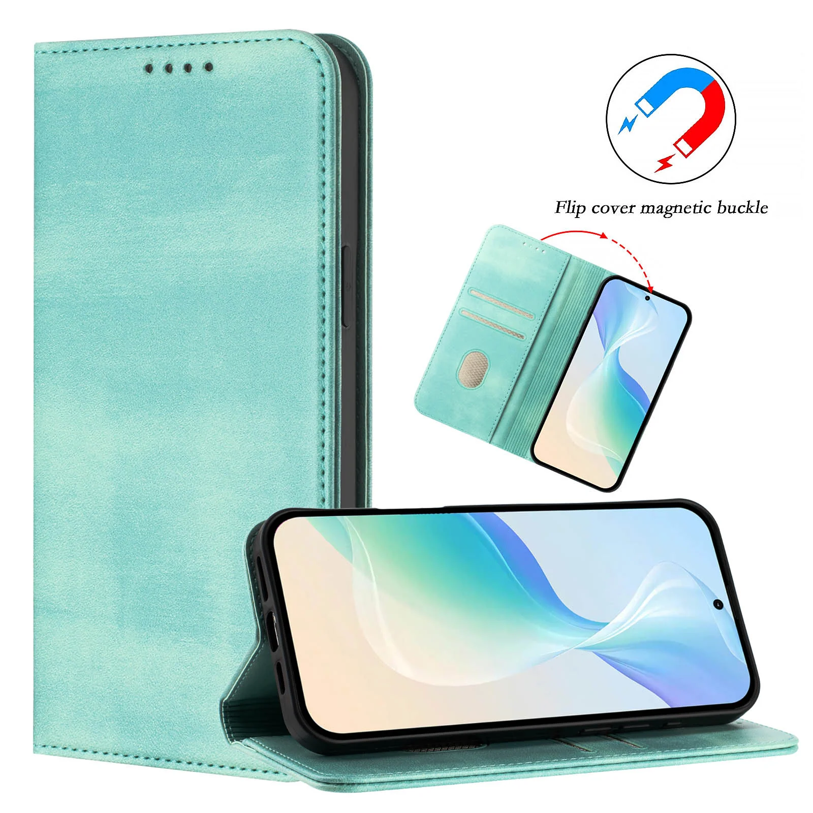 For iPhone 17 Pro Max Wallet Cases Retro Texture RFID Blocking Leather Phone Cover - Mint Green - Image 4