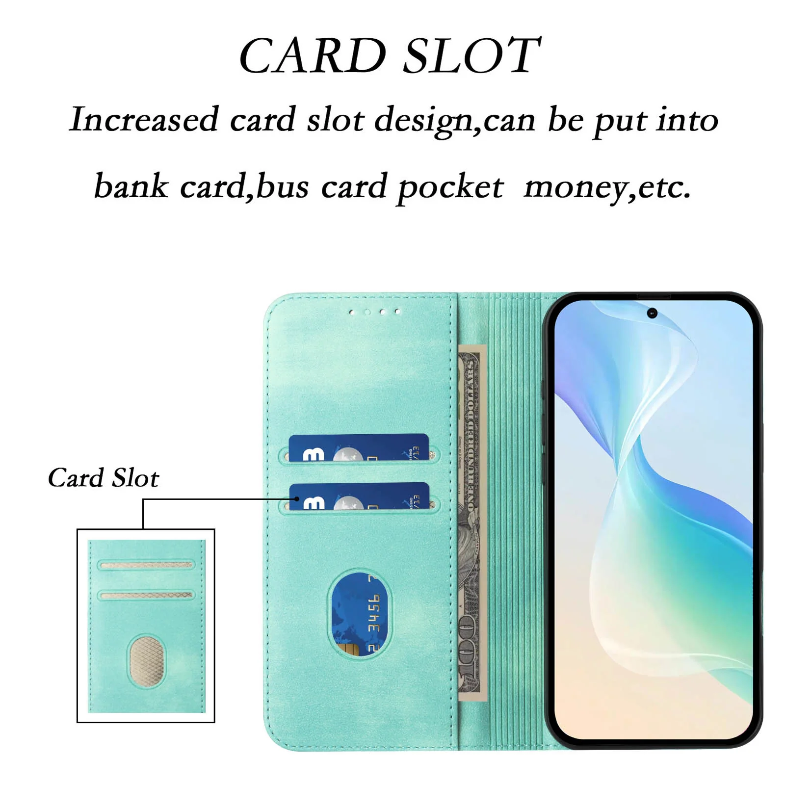 For iPhone 17 Pro Max Wallet Cases Retro Texture RFID Blocking Leather Phone Cover - Mint Green - Image 7