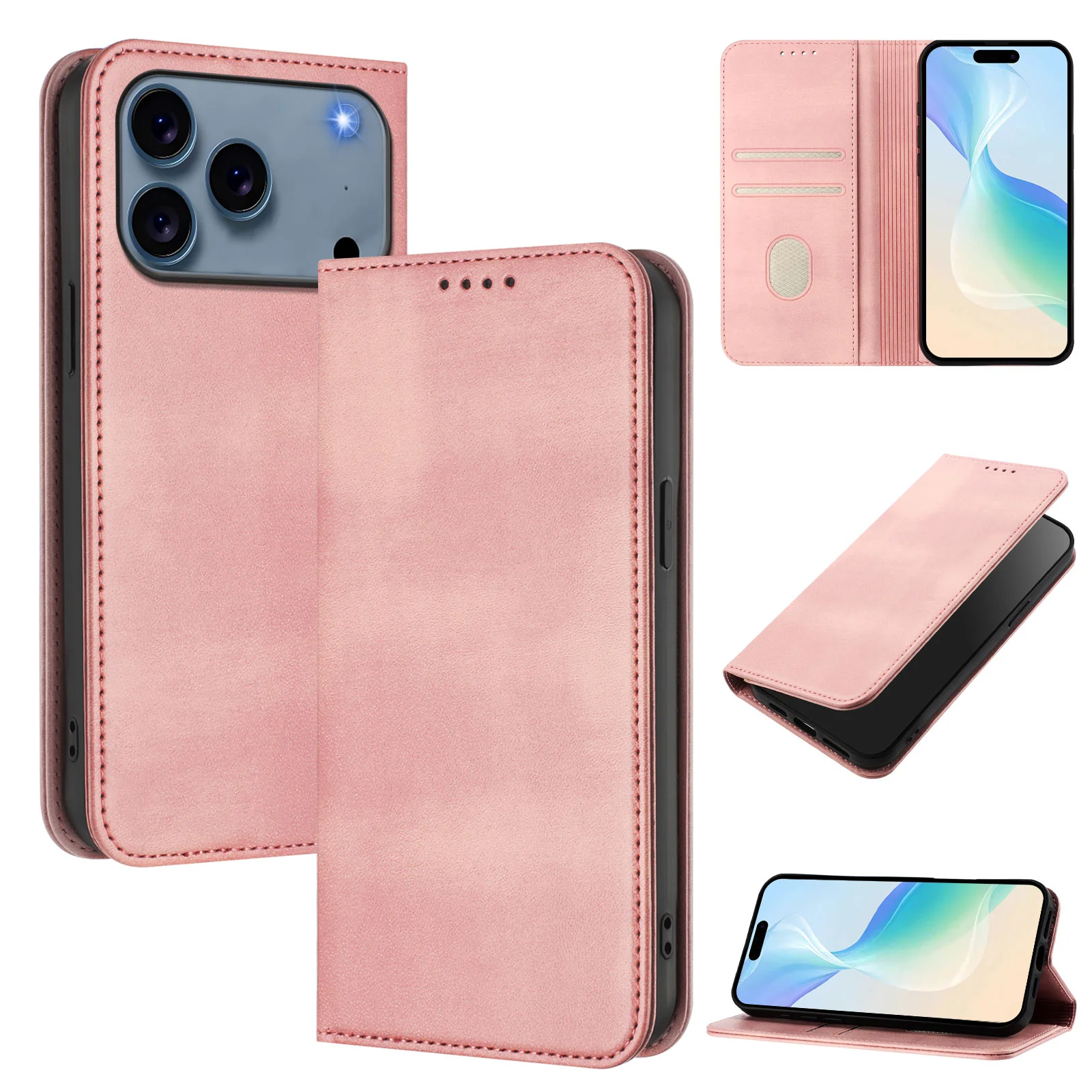 For iPhone 17 Pro Max Wallet Cases Retro Texture RFID Blocking Leather Phone Cover - Pink - Image 2