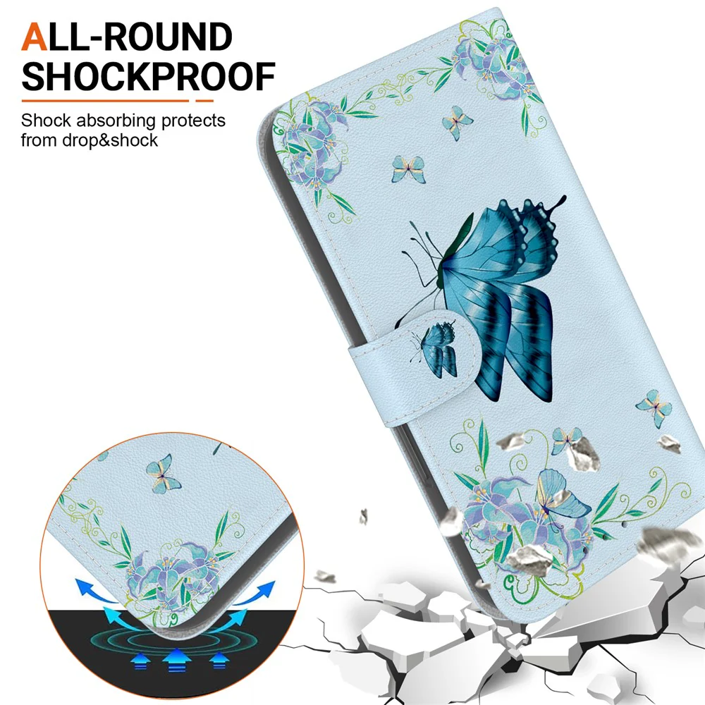 For iPhone 17 Pro Max Wallet Phone Case Anti-Drop Leather Flip Cover Pattern Printing with Strap - Blue Butterfly Flower - Image 4