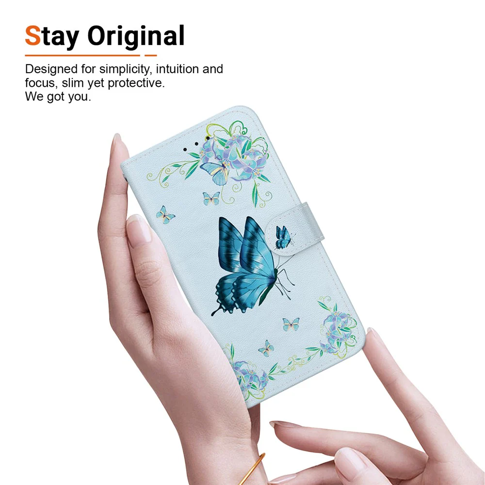 For iPhone 17 Pro Max Wallet Phone Case Anti-Drop Leather Flip Cover Pattern Printing with Strap - Blue Butterfly Flower - Image 5