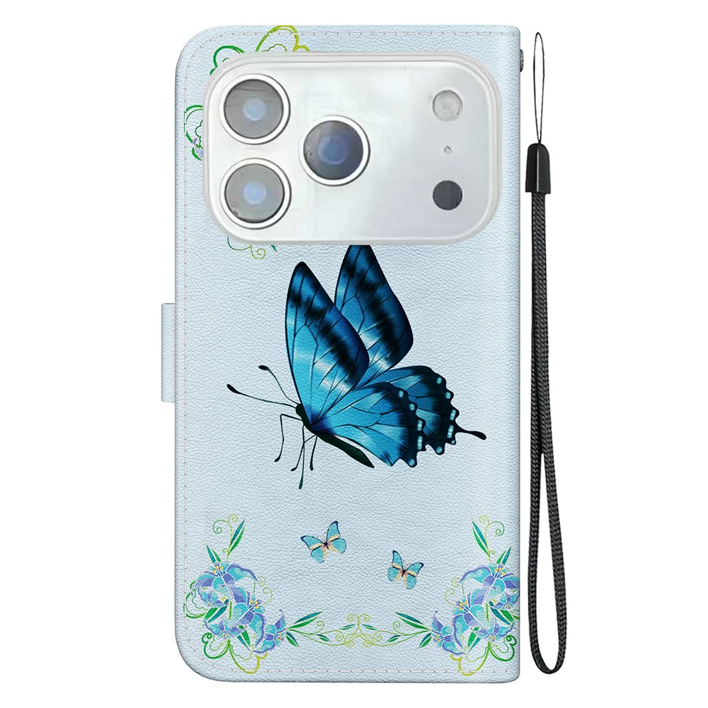 For iPhone 17 Pro Max Wallet Phone Case Anti-Drop Leather Flip Cover Pattern Printing with Strap - Blue Butterfly Flower - Image 8