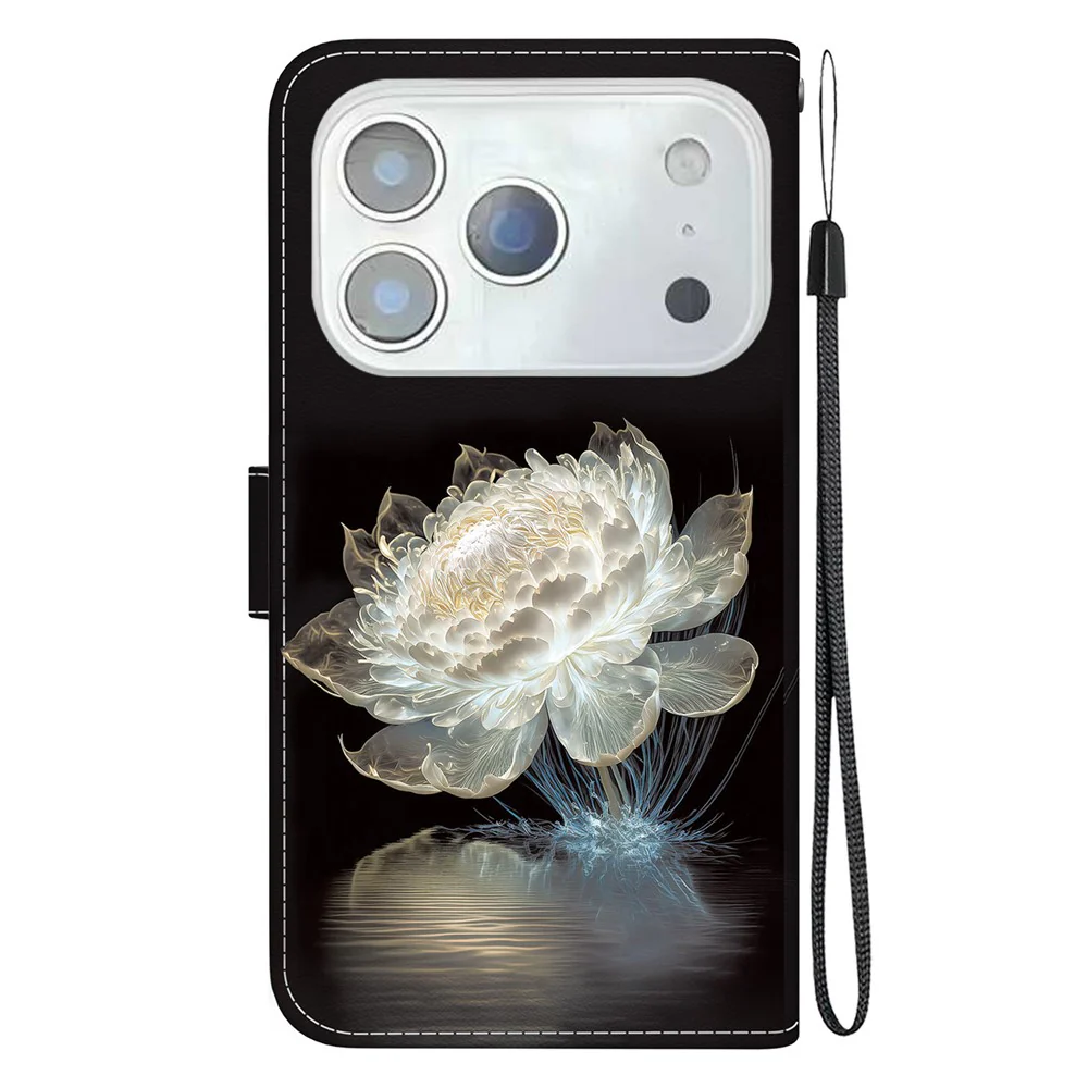 For iPhone 17 Pro Max Wallet Phone Case Anti-Drop Leather Flip Cover Pattern Printing with Strap - Crystal Peony - Image 8