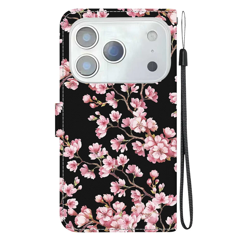 For iPhone 17 Pro Max Wallet Phone Case Anti-Drop Leather Flip Cover Pattern Printing with Strap - Plum Blossom - Image 8