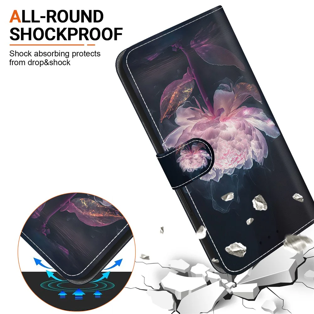 For iPhone 17 Pro Max Wallet Phone Case Anti-Drop Leather Flip Cover Pattern Printing with Strap - Purple Peony - Image 4