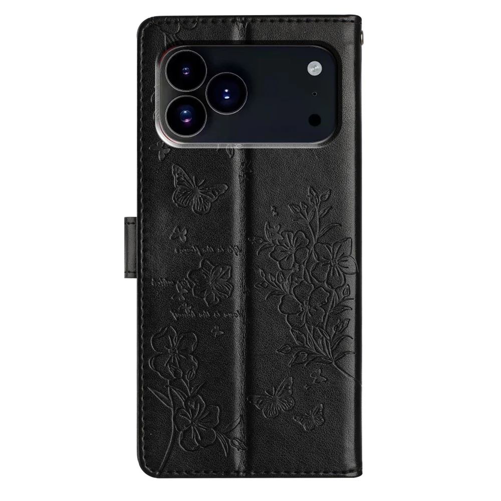 For iPhone 17 Pro Max Wallet Phone Case Butterfly Floral Imprint Leather Flip Cover with Strap - Black - Image 7