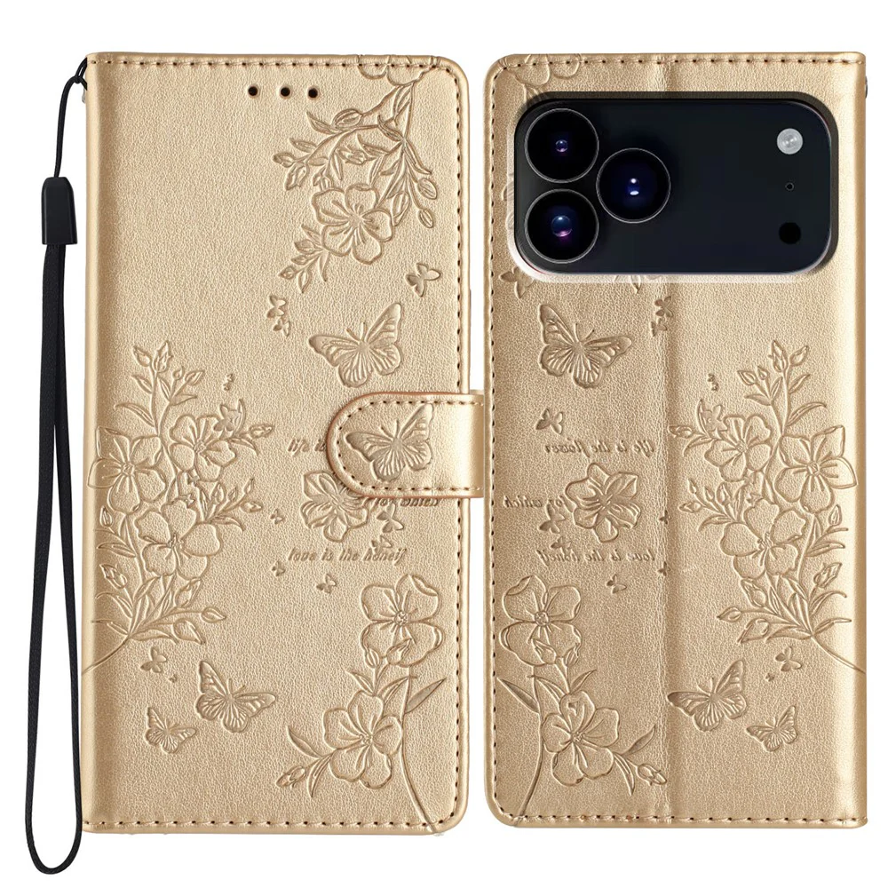 For iPhone 17 Pro Max Wallet Phone Case Butterfly Floral Imprint Leather Flip Cover with Strap - Gold