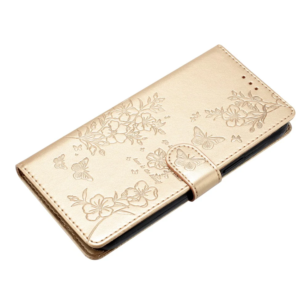 For iPhone 17 Pro Max Wallet Phone Case Butterfly Floral Imprint Leather Flip Cover with Strap - Gold - Image 4