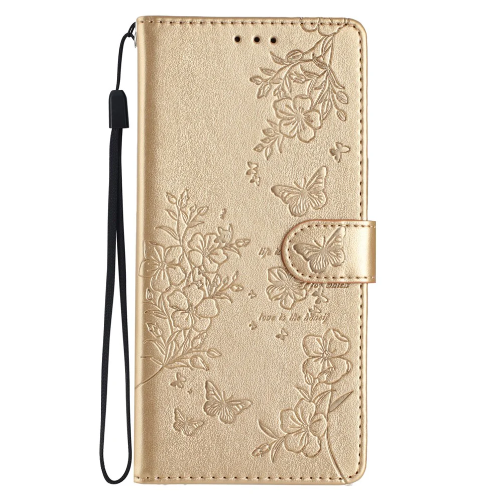 For iPhone 17 Pro Max Wallet Phone Case Butterfly Floral Imprint Leather Flip Cover with Strap - Gold - Image 6