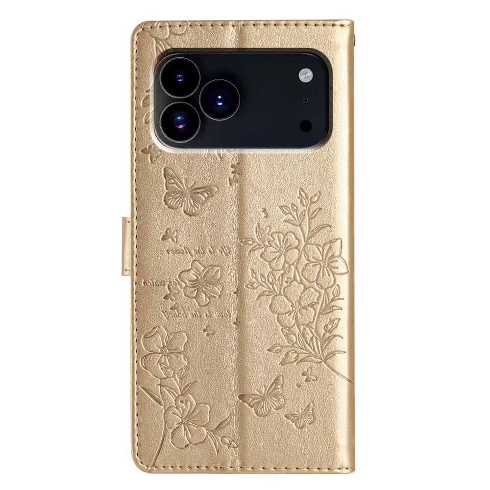 For iPhone 17 Pro Max Wallet Phone Case Butterfly Floral Imprint Leather Flip Cover with Strap - Gold - Image 7