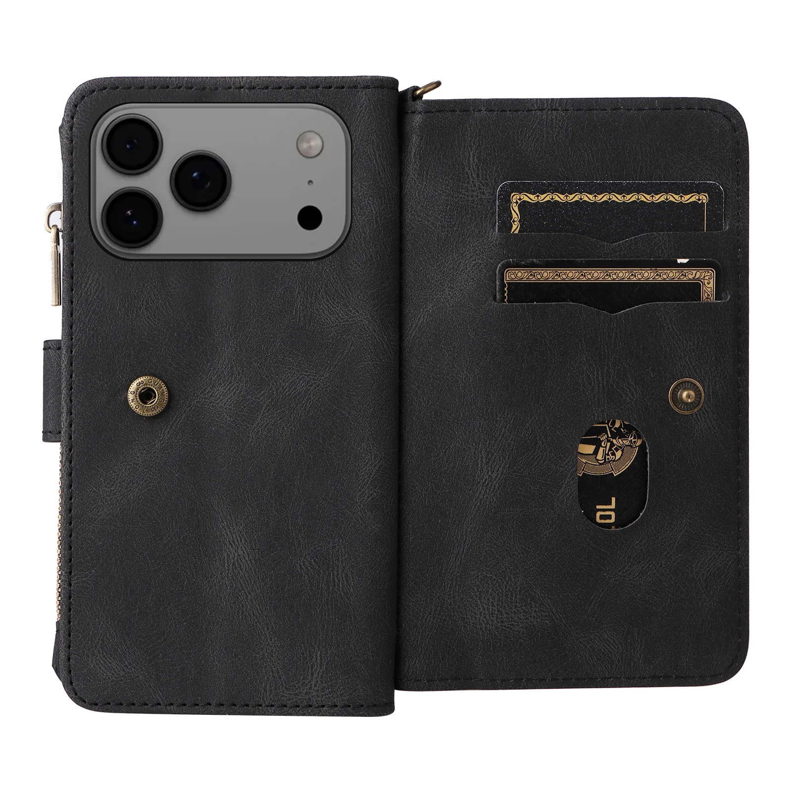 For iPhone 17 Pro Max Zipper Wallet Case with 15 Card Slots and Strap Leather Phone Cover - Black - Image 2